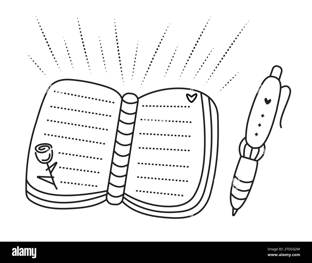 Black line notepad and pen, cute vector monochrome illustration Stock Vector