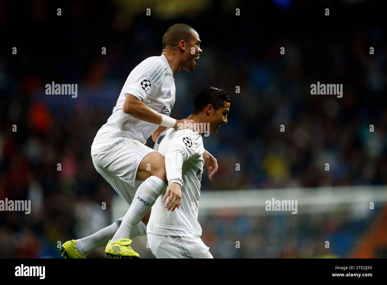 Madrid, 12/08/2015. Champions League match played at the Santiago Bernabéu stadium, between Real Madrid and Malmö. In the image, Cristiano Ronaldo scores and celebrates a goal. Photo: Oscar del Pozo ARCHDC. Credit: Album / Archivo ABC / Oscar del Pozo Stock Photo