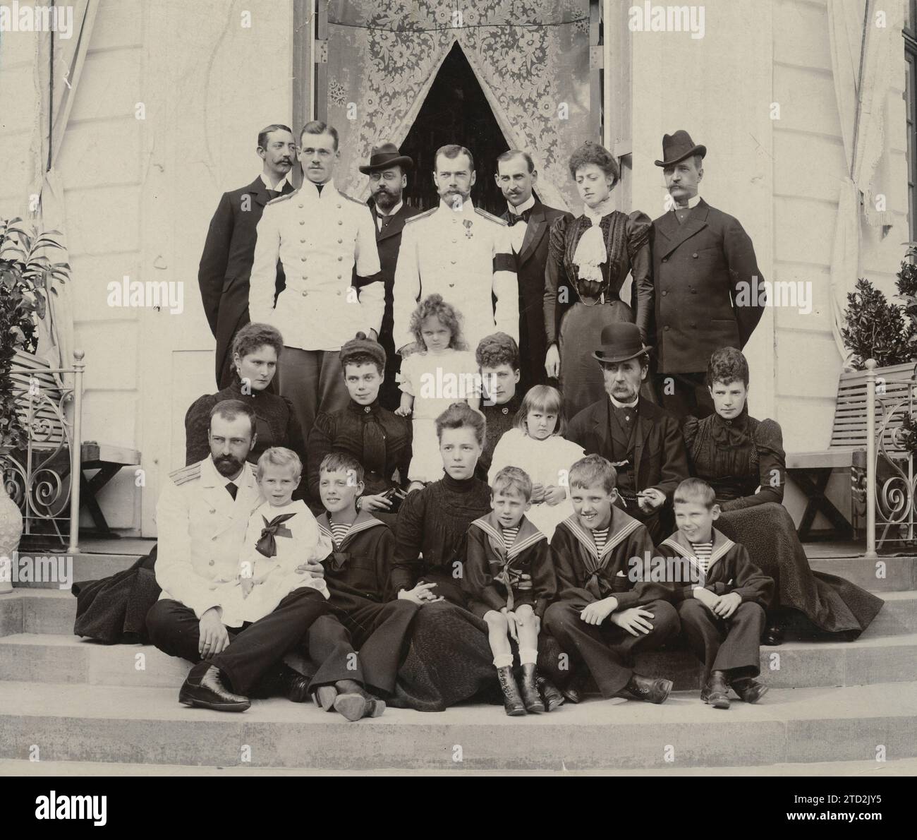 Copenhagen (Denmark), 1899. Tsar Nicholas II of Russia with his family at Bernsdorff Castle. His mother, Tsarina Maria, appears in the image; his wife, Tsarina Alexandra; his brother Michael and Kings George I of Greece and Christian IX of Denmark, among others. Credit: Album / Archivo ABC Stock Photo