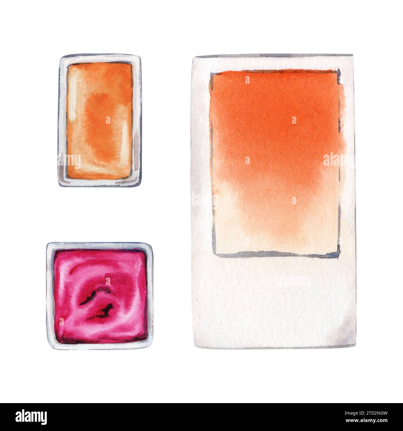 Peach Fuzz Swatch Card and two pans of paint. Orange and Pink. Top view of the art supplies object. Watercolor illustration isolated Stock Photo