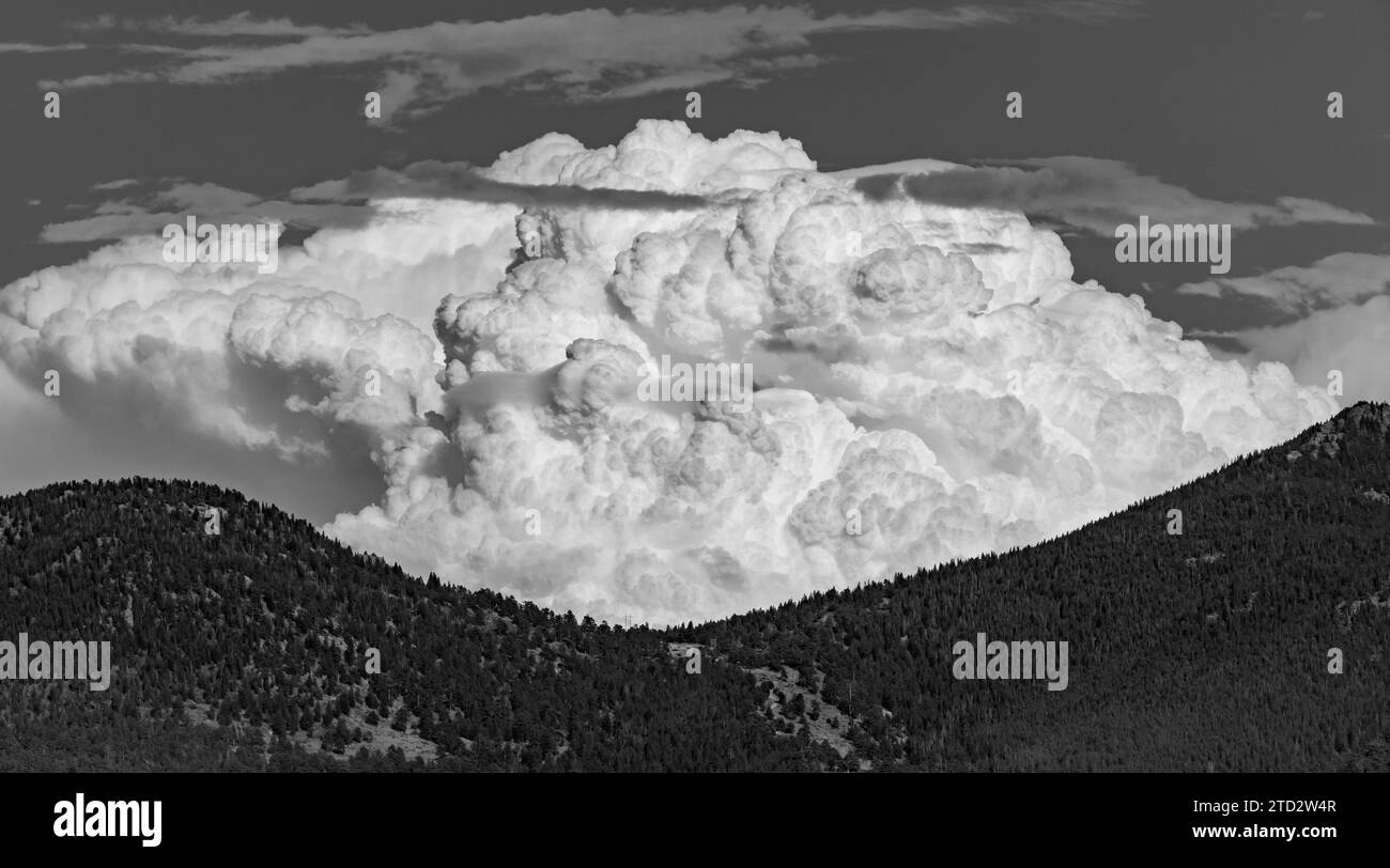 Thunderhead Builds Over Rocky Mountain Valley in Black and White Stock Photo