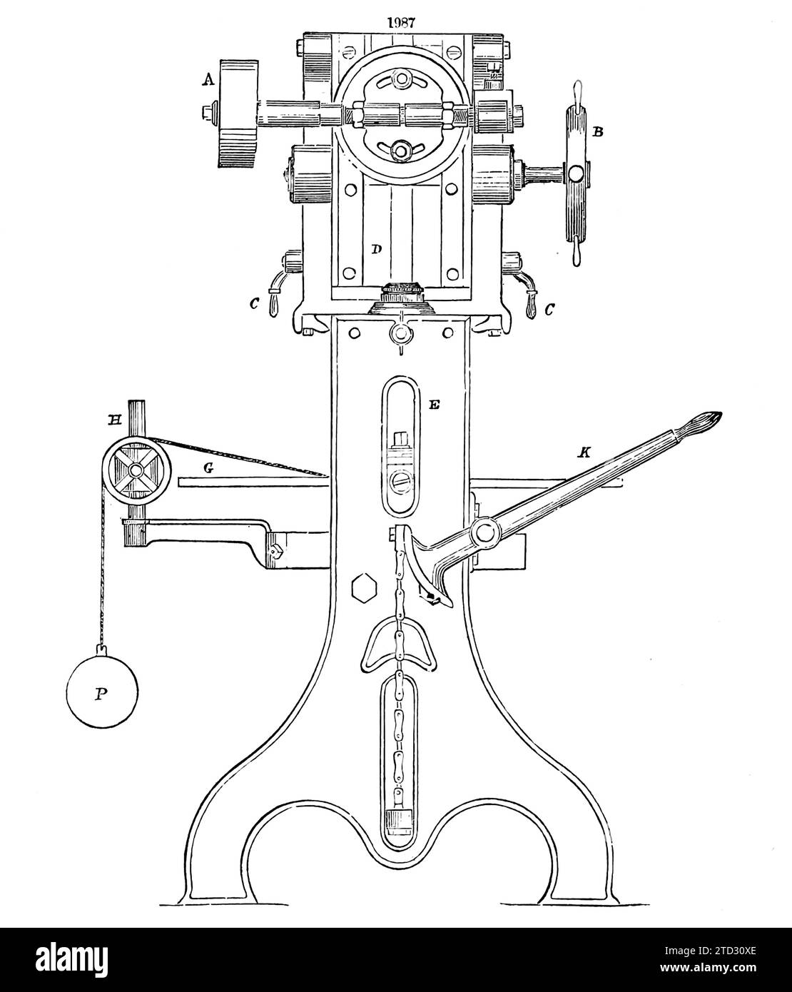 Gearing and gear-cutting machine, illustration. From 'Appleton's dictionary of machines, mechanics, engine-work, and engineering' by D Appleton and Company. Publication date 1874. Stock Photo