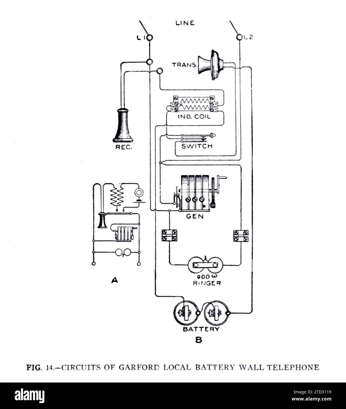 Garford local battery wall telephone circuits, illustration. From 'Military Signal Corps manual' by James Andrew White, publication date 1918. Stock Photo