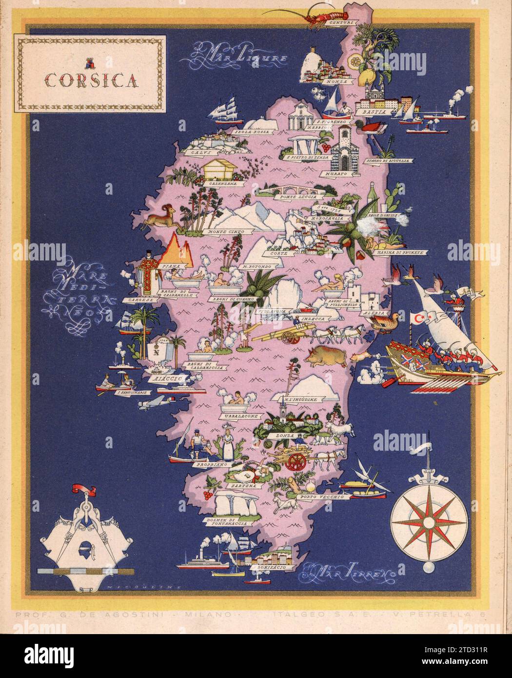 Illustrated map of Corsica, France. Towns and cities labelled. From