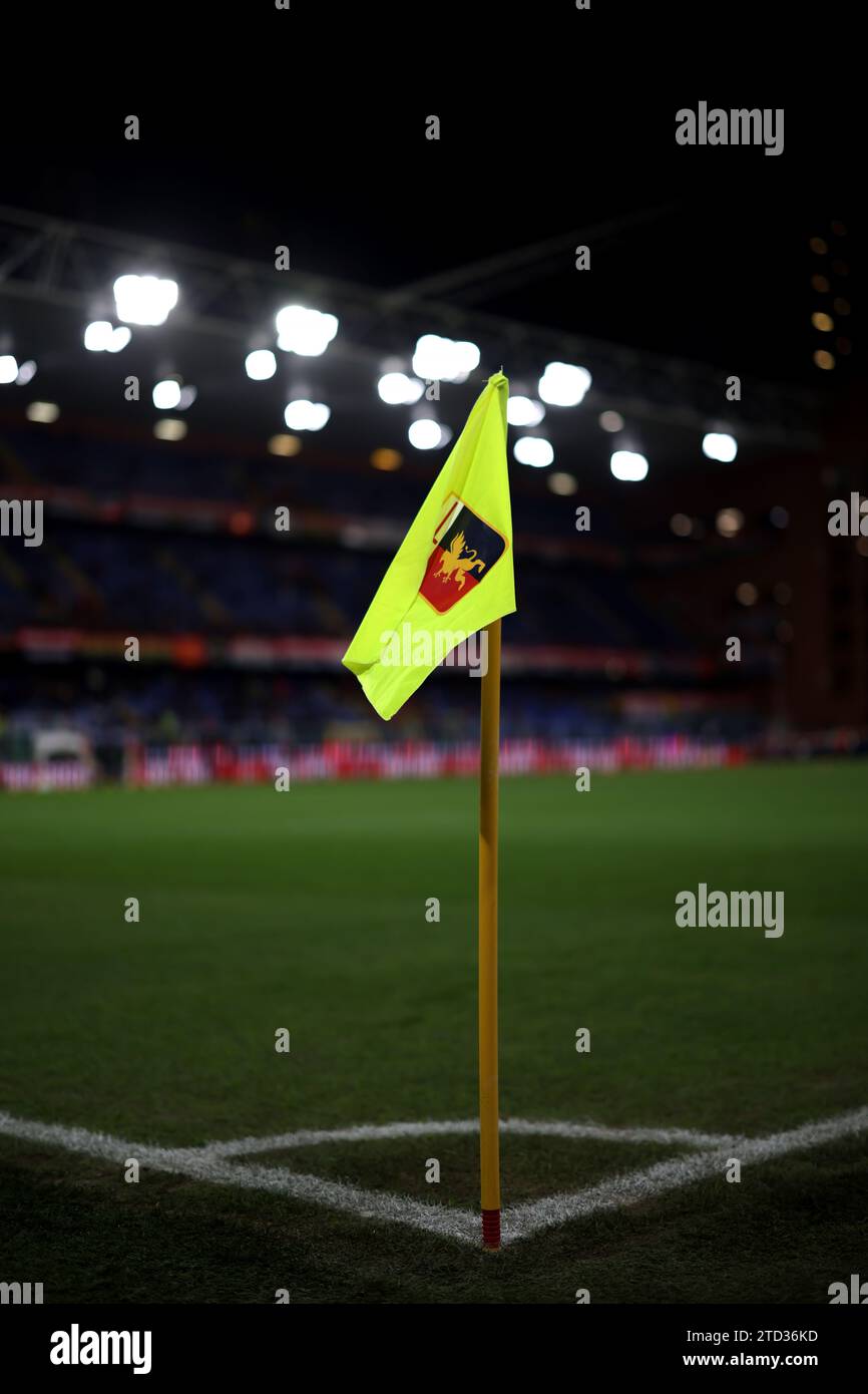 Genoa, Italy, 15th December 2023. A corner flag bearing the Genoa CFC club crest is seen in a general view of the stadium prior to during the Serie A match at Luigi Ferraris, Genoa. Picture credit should read: Jonathan Moscrop / Sportimage Stock Photo