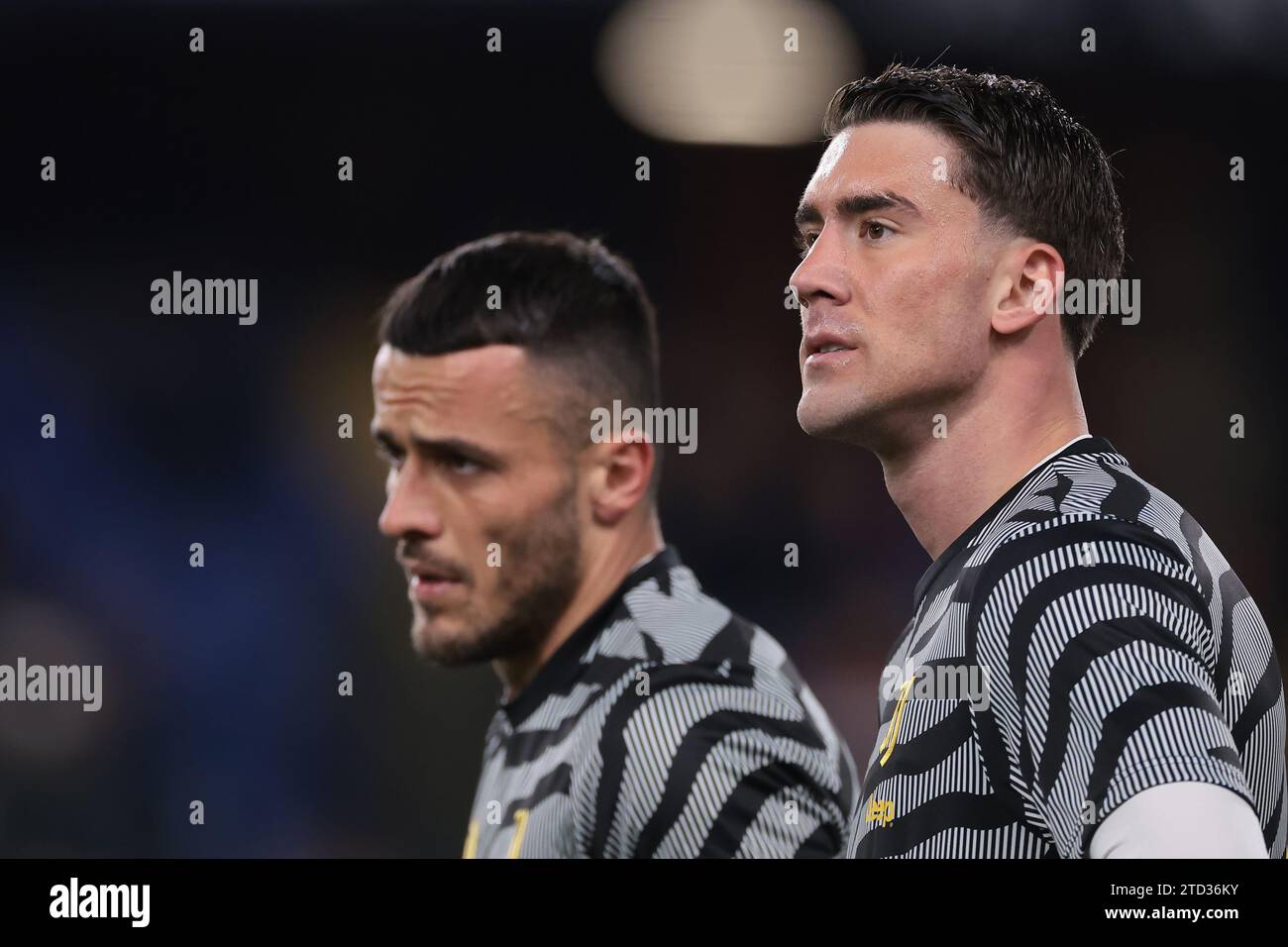 Genoa, Italy, 15th December 2023. Flip Kostic and Dusan Vlahovic of Juventus look on during the warm up prior to the Serie A match at Luigi Ferraris, Genoa. Picture credit should read: Jonathan Moscrop / Sportimage Stock Photo