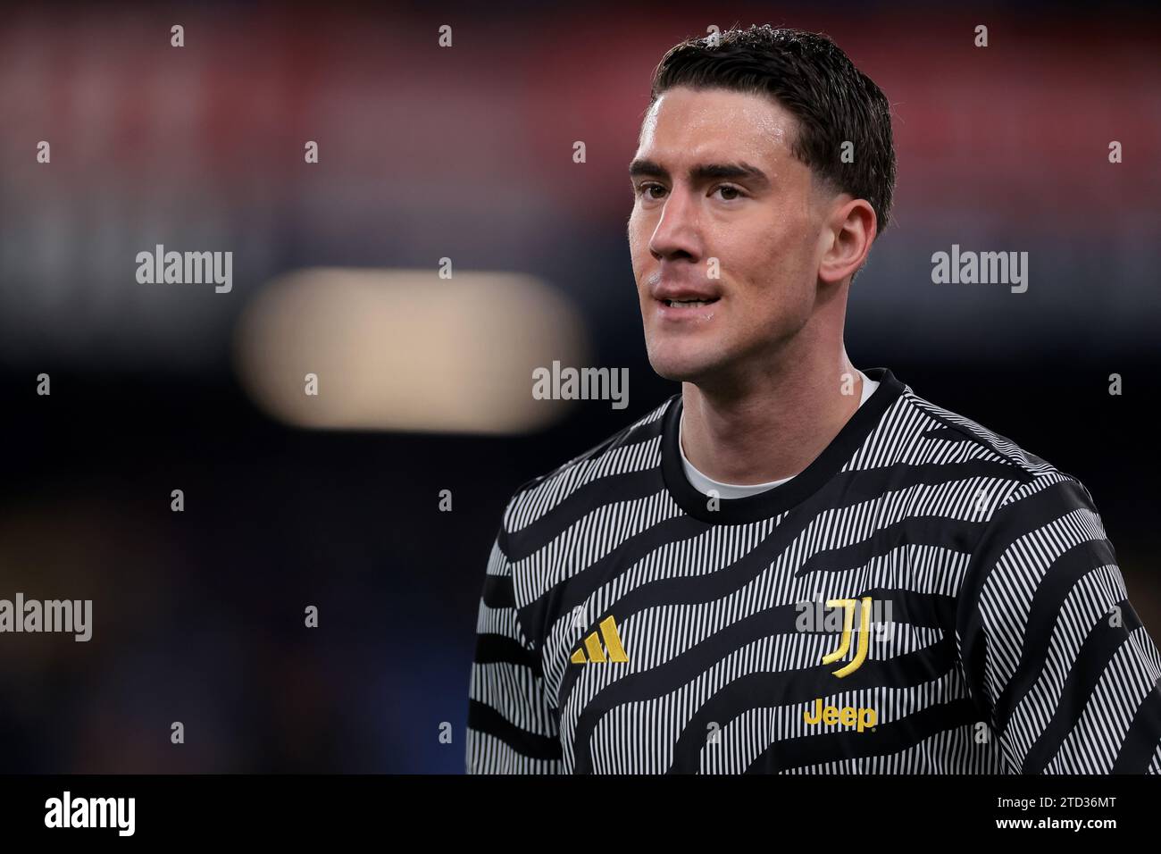 Genoa, Italy, 15th December 2023. Dusan Vlahovic of Juventus reacts during the warm up prior to the Serie A match at Luigi Ferraris, Genoa. Picture credit should read: Jonathan Moscrop / Sportimage Stock Photo