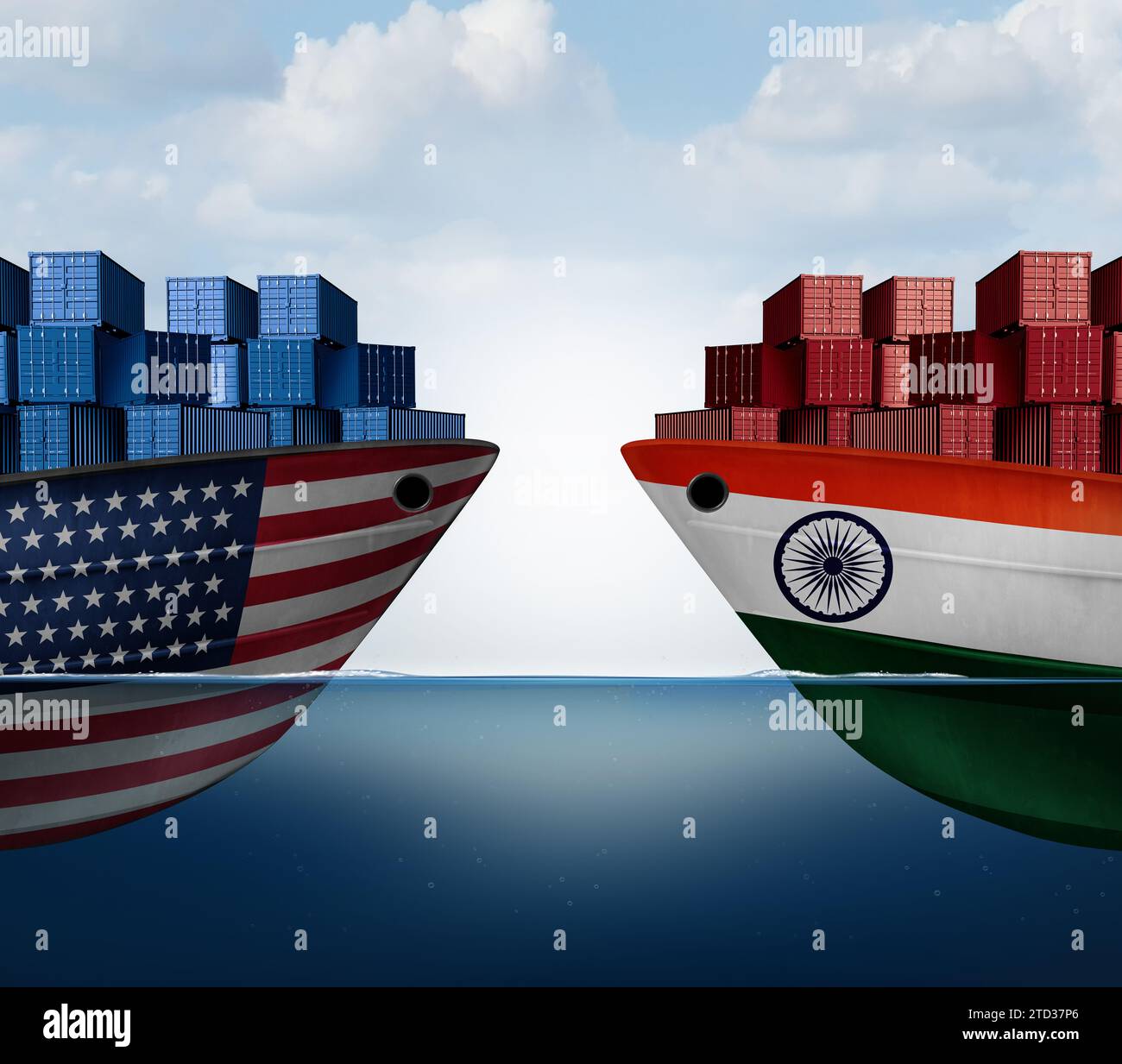India United States trade and American tariffs or Indian Tarriff as two opposing cargo ships as an economic taxation dispute over import and exports Stock Photo