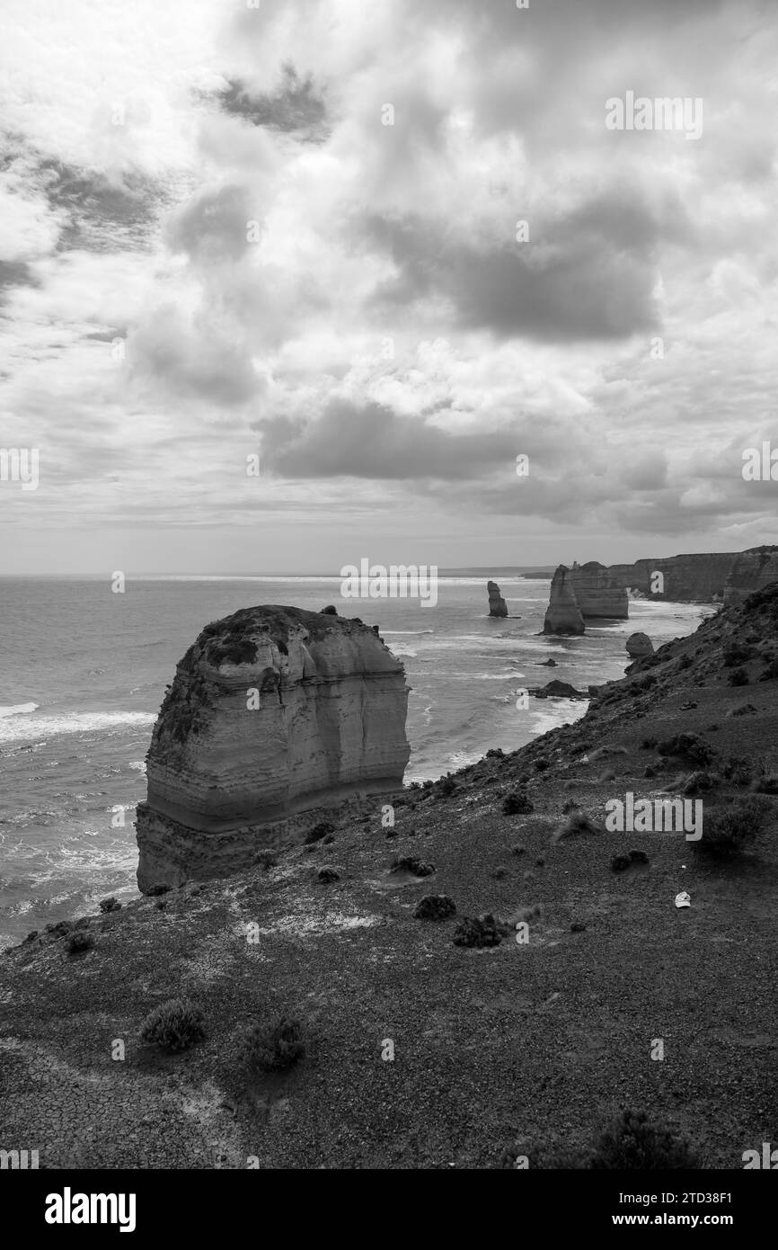 Coastline of the Pacific Ocean on the Great Ocean Road in Black and
