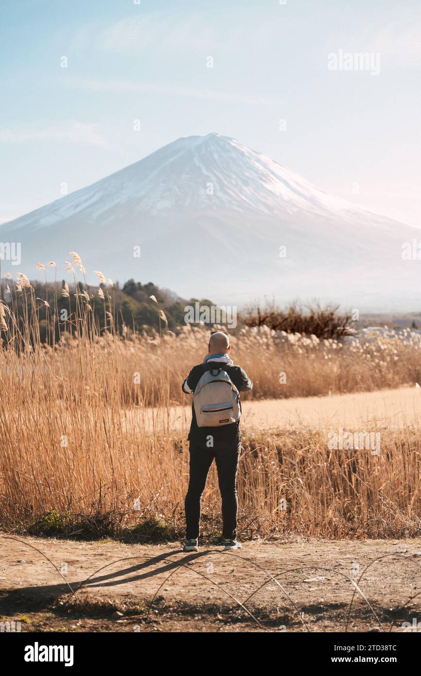 View of Mount Fuji from the perspective of a person. This was taken from Oishi Park in Fuji. Stock Photo
