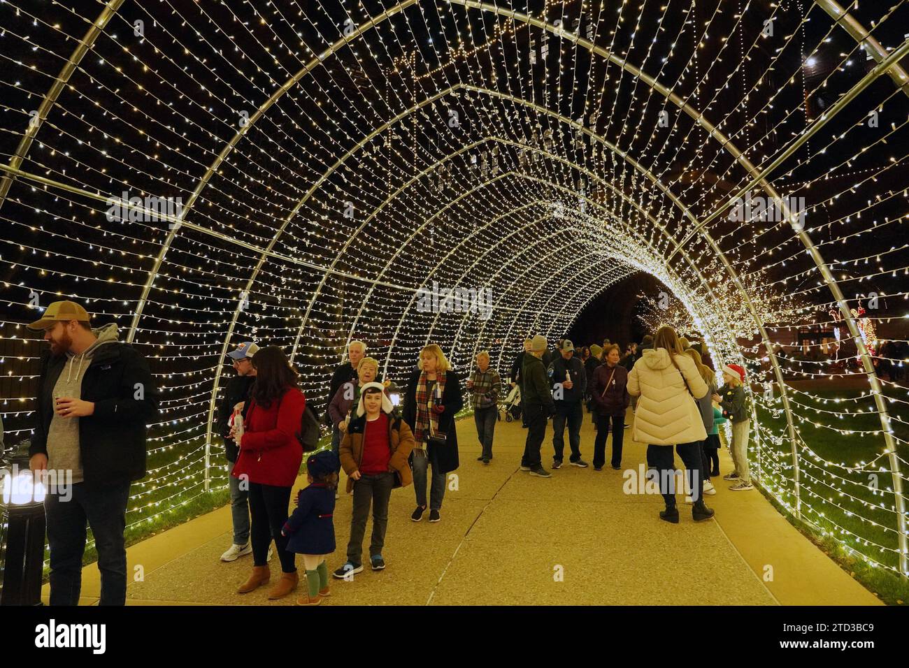 People walk through the tunnel of Christmas lights that illuminate at
