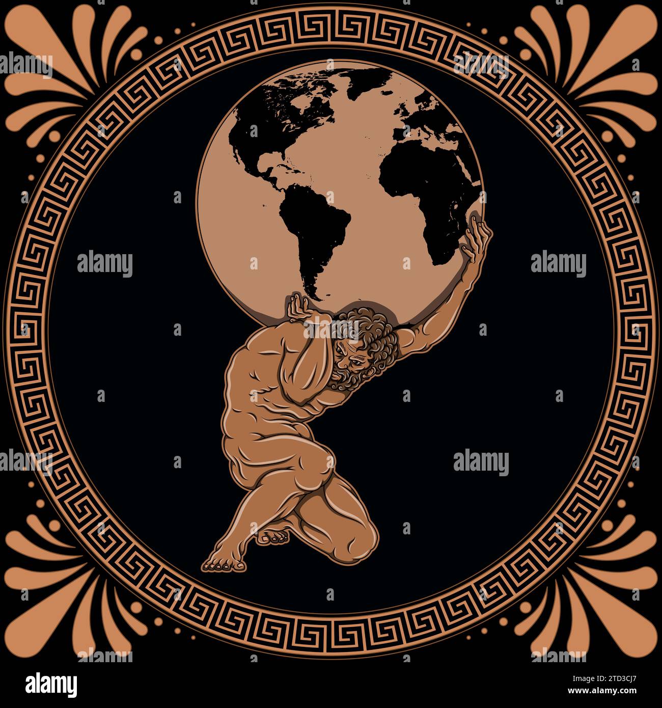 Vector design of Titan Atlas holding planet Earth, ancient Greece amphora art, Greek mythology titan Stock Vector