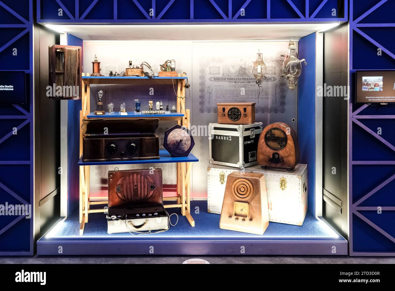 Vintage radios displayed at the Museum of Radio and Television located in the Rai production center in the city center of Turin, Italy Stock Photo