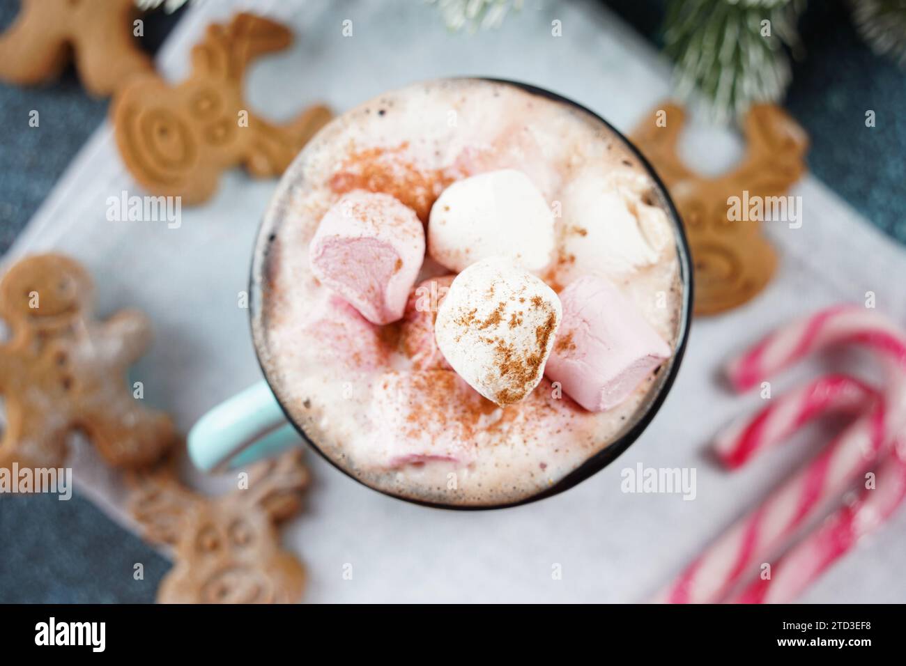 Hot cocoa with marshmallow in a mug surrounded by winter things on a wooden table. The concept of cozy holidays and New Year. Stock Photo