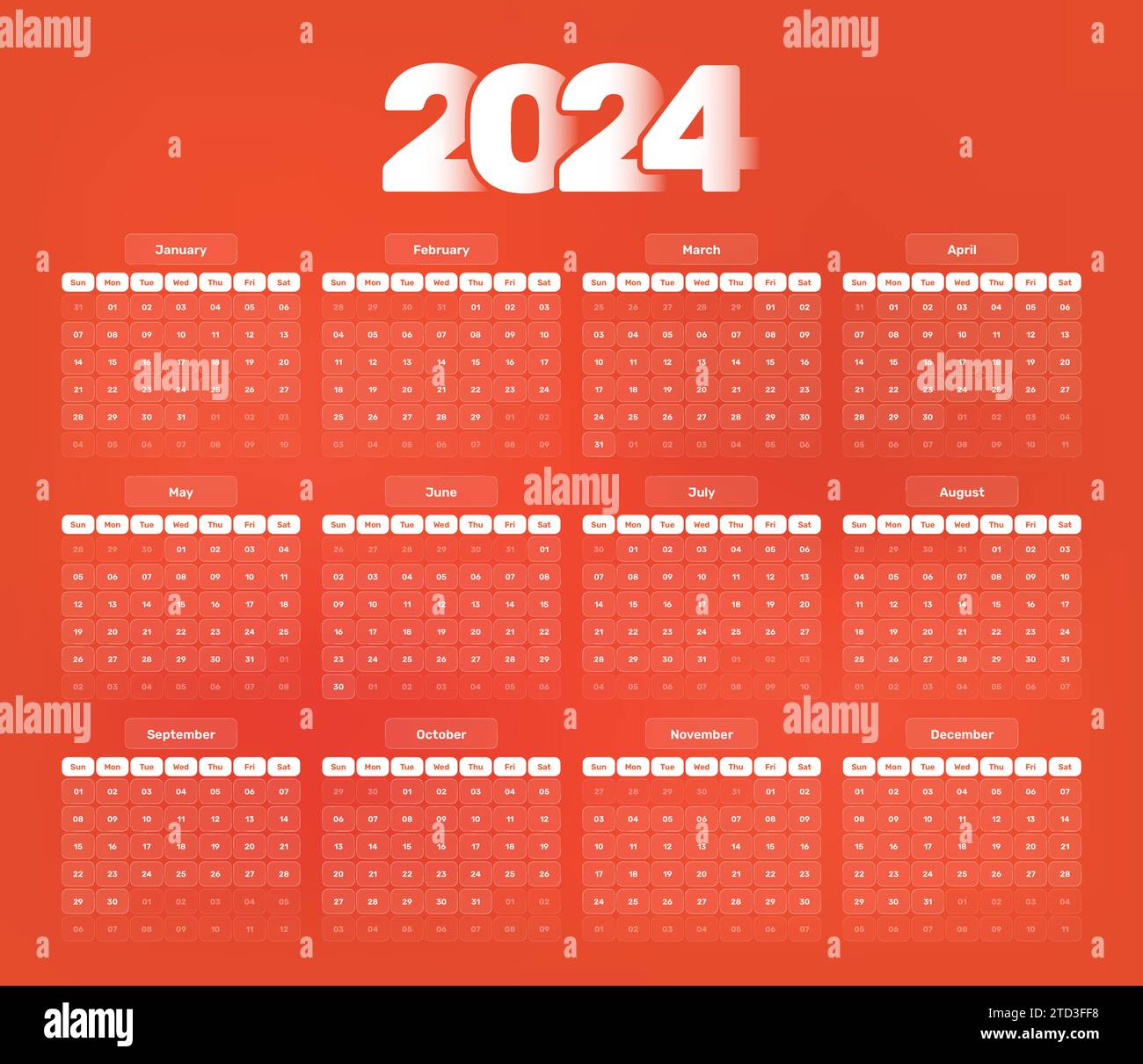 Dark orange minimalist 2024 new year calendar date template design with accurate date format Stock Vector