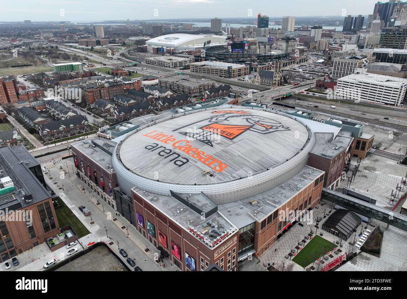 A general overall aerial view of Little Caesars Arena, Thursday, Dec. 7, 2023, in Detroit. Stock Photo