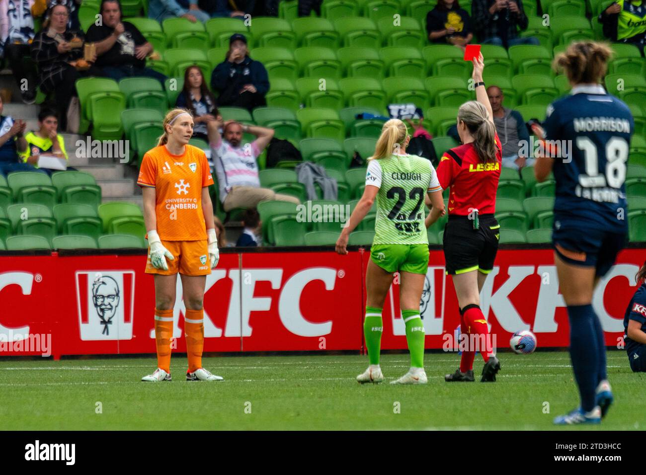 Melbourne, Australia. 16 December, 2023. Canberra United FC Goalkeeper Chloe  Lincoln (#1) receives a straight red card after mistiming a save and  collecting the player. Credit: James Forrester/Alamy Live News Stock Photo  - Alamy