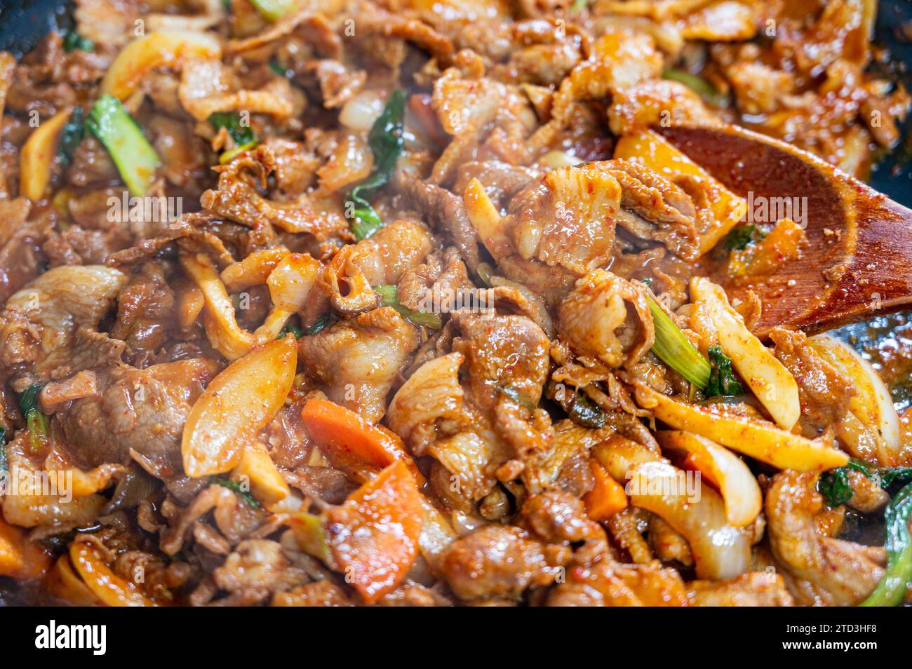 Korean traditional dish of stirfried pork and assorted vegetables with