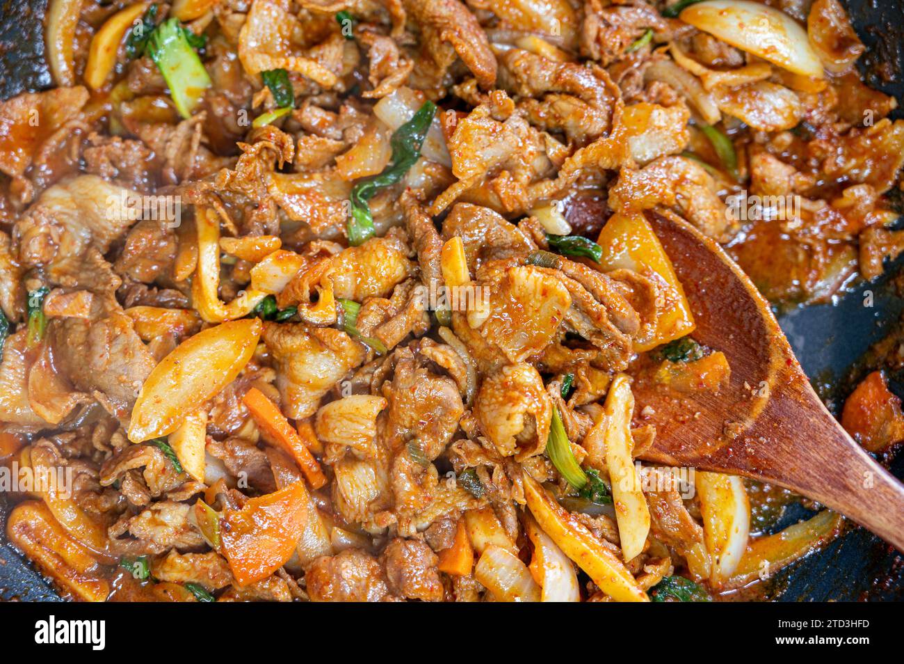 Korean traditional dish of stirfried pork and assorted vegetables with gochujang Gochujang
