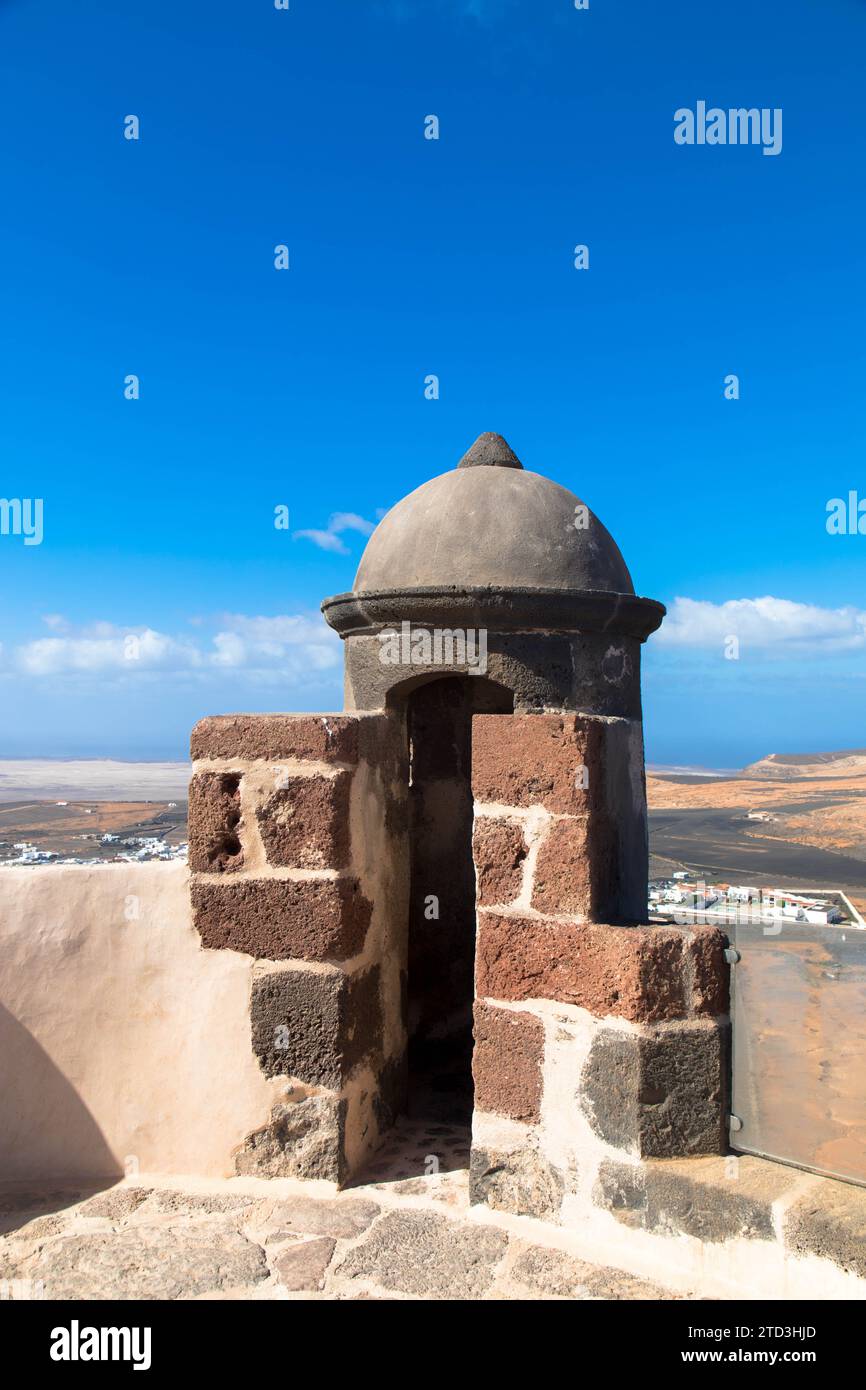 Detail view. The castle of Santa Barbara on the volcanic hilltop of Guanapay mountain.Teguise, Lanzarote, Spain. Stock Photo