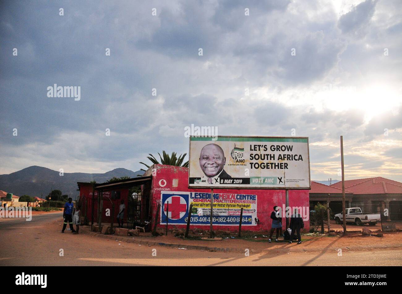 An ANC election poster on display in the streets of Sekgakgapeng in Mokopane, Limpopo province Stock Photo