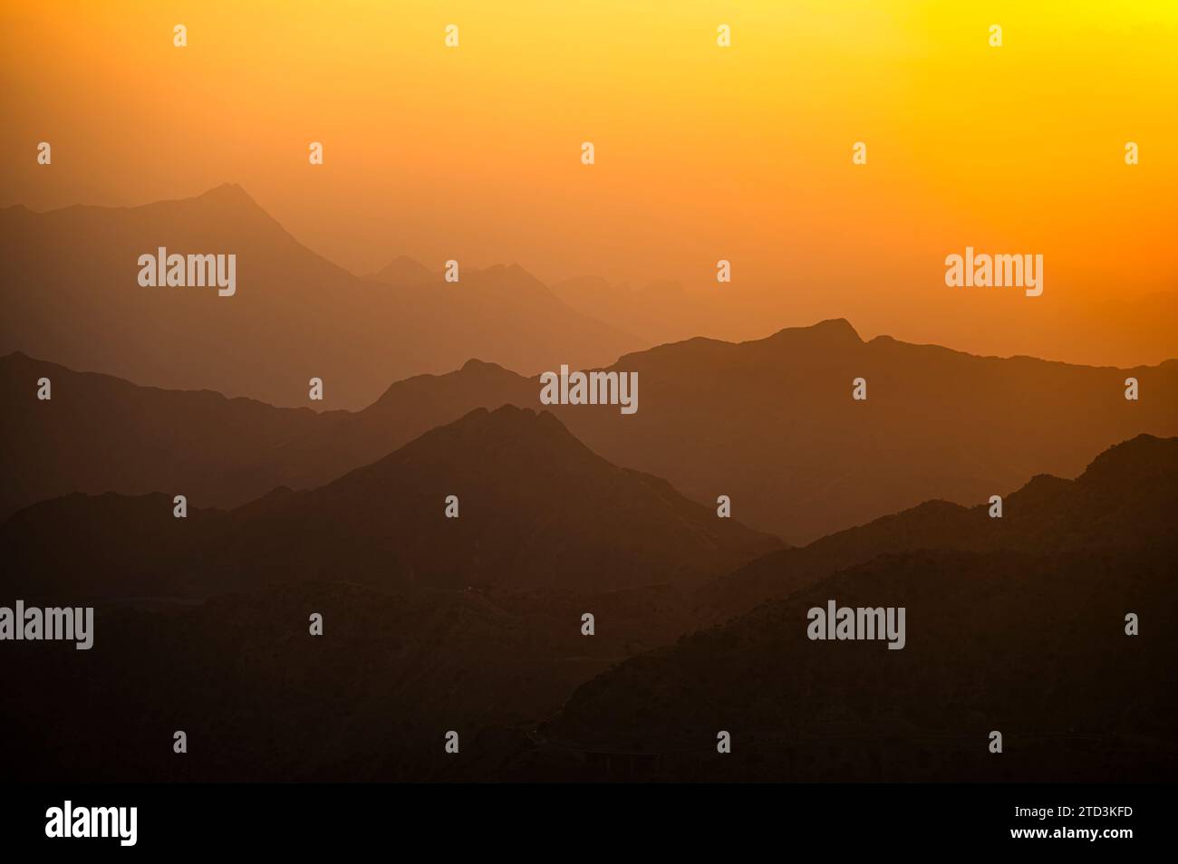 Picturesque landscape of the Asir Mountains at sunrise, Saudi Arabia. Stock Photo