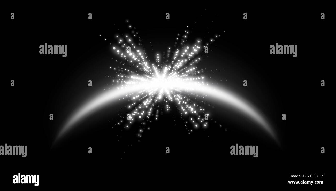 Silver magic arch with glowing particles, sunlight lens flare. Neon ...