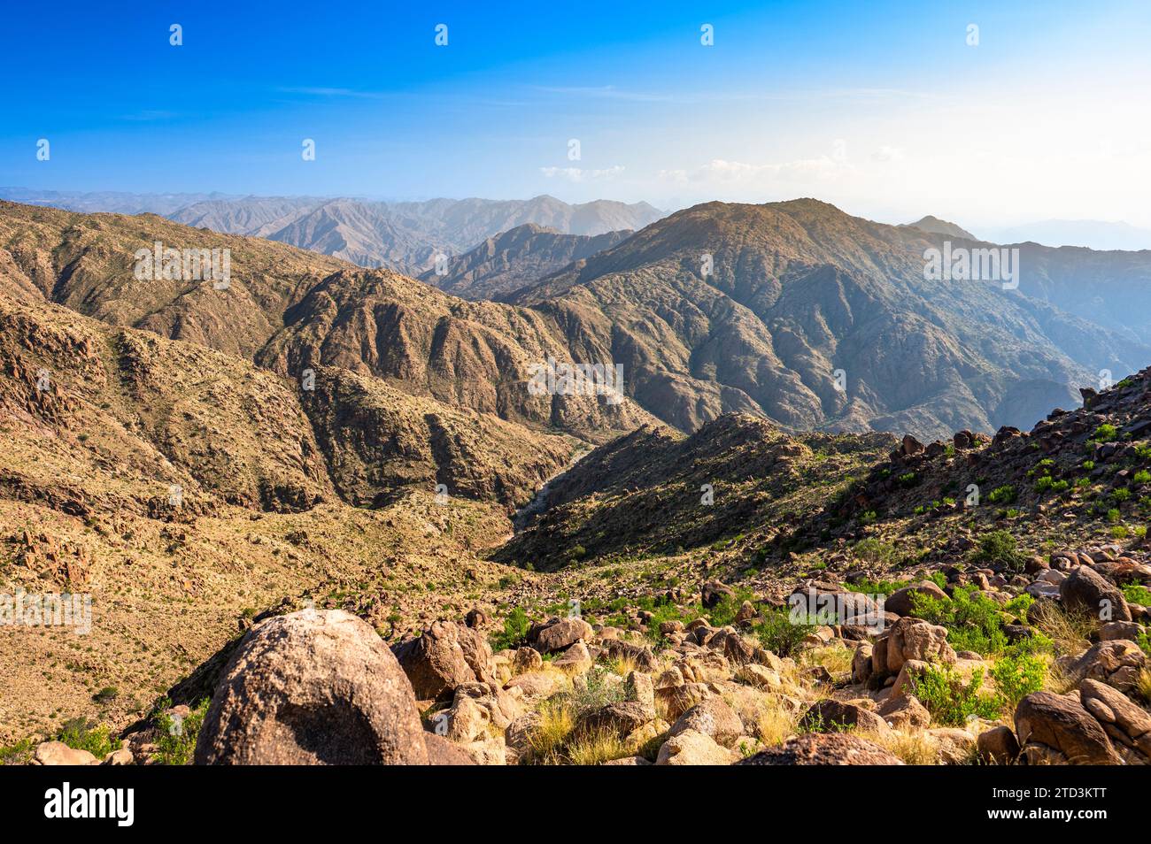 Landscape of the Asir Mountains near the village of Al Jawwah, Saudi Arabia. Stock Photo