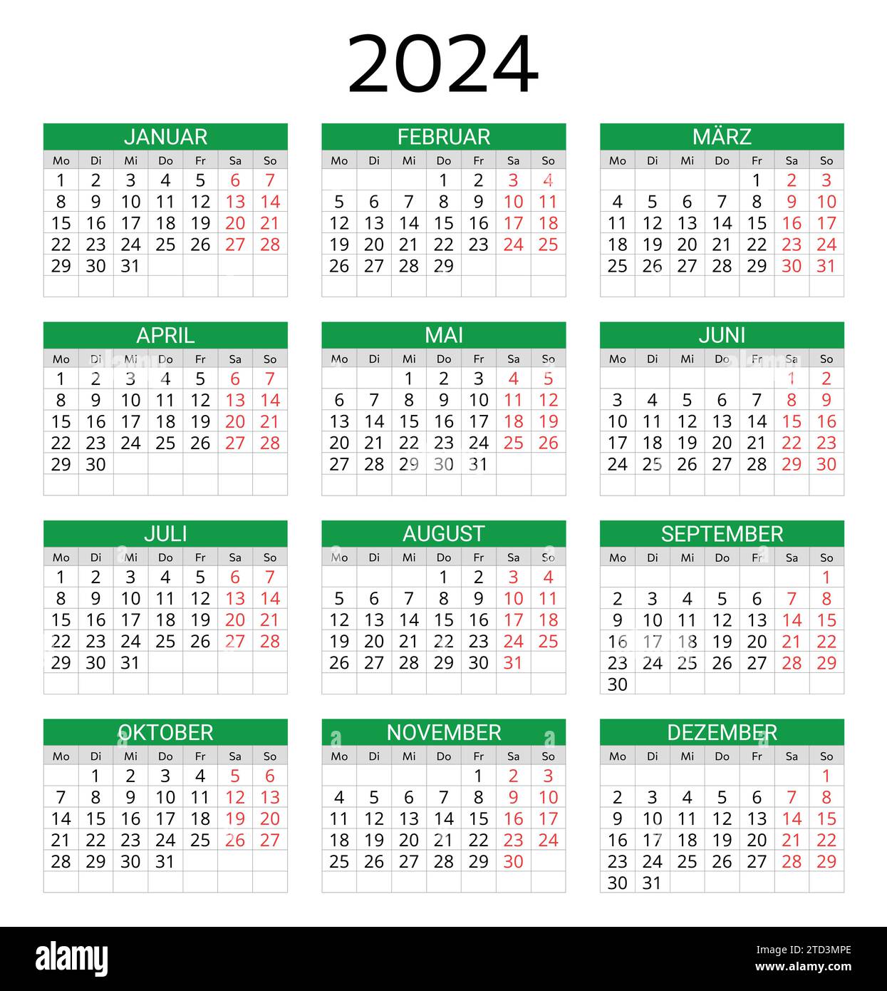 GERMAN calendar for 2024. Printable, editable vector illustration for Germany. 12 months year kalender. Stock Vector