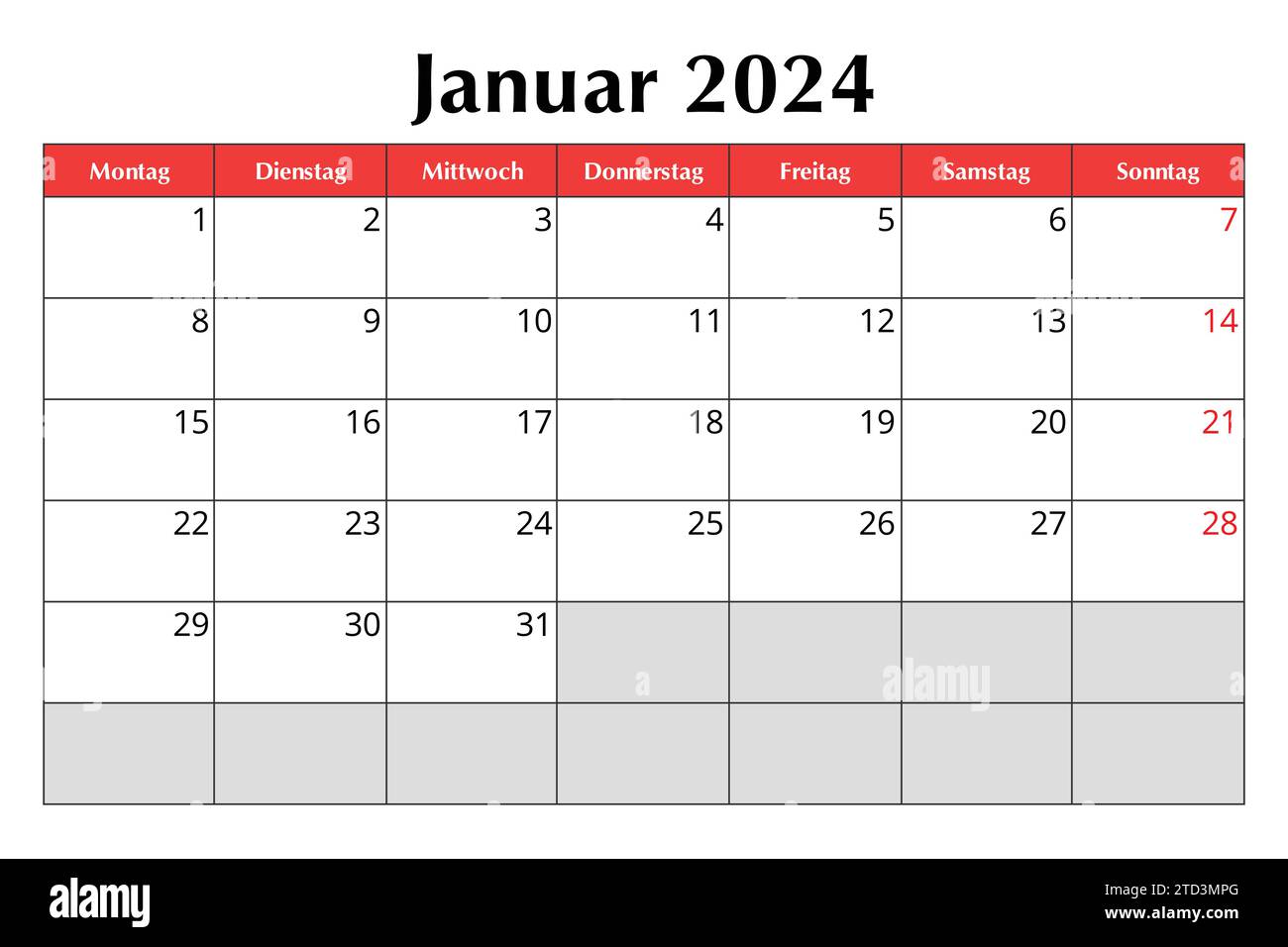 January 2024 GERMAN calendar. Vector editable illustration. Monthly