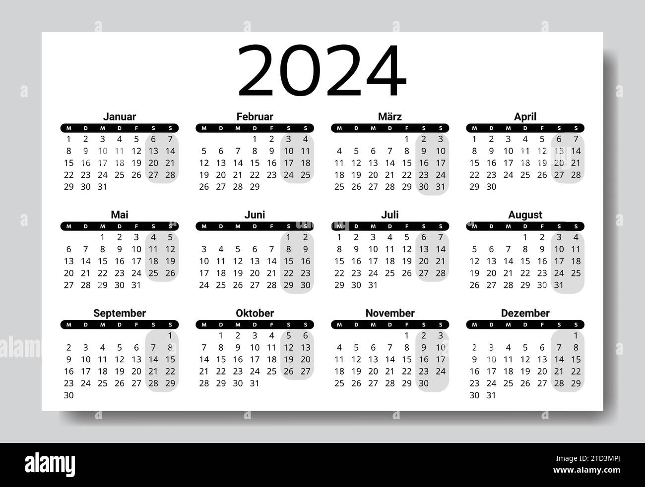 GERMAN calendar for 2024. Printable, editable vector illustration for Germany. 12 month year kalender. Stock Vector