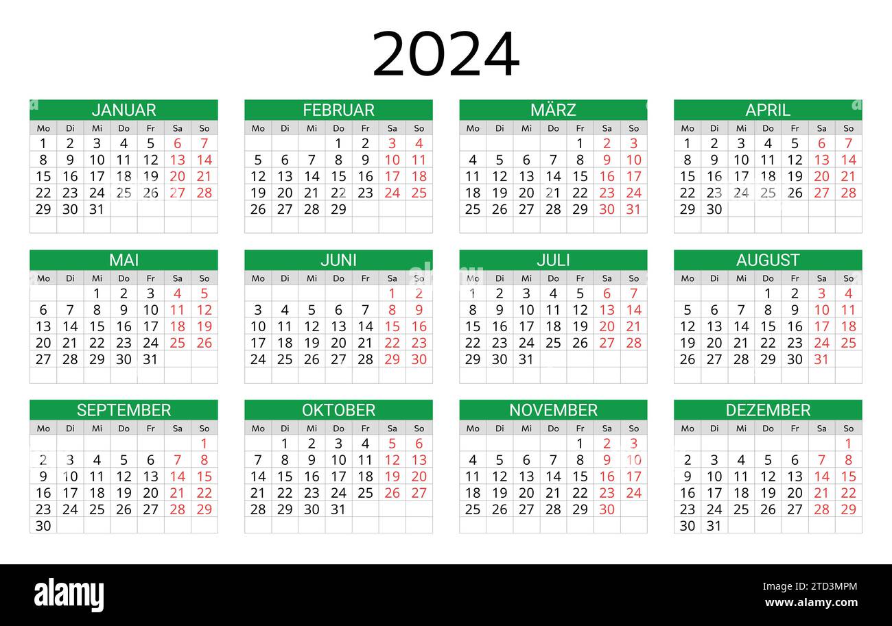GERMAN 2024 calendar. Printable, editable vector illustration for