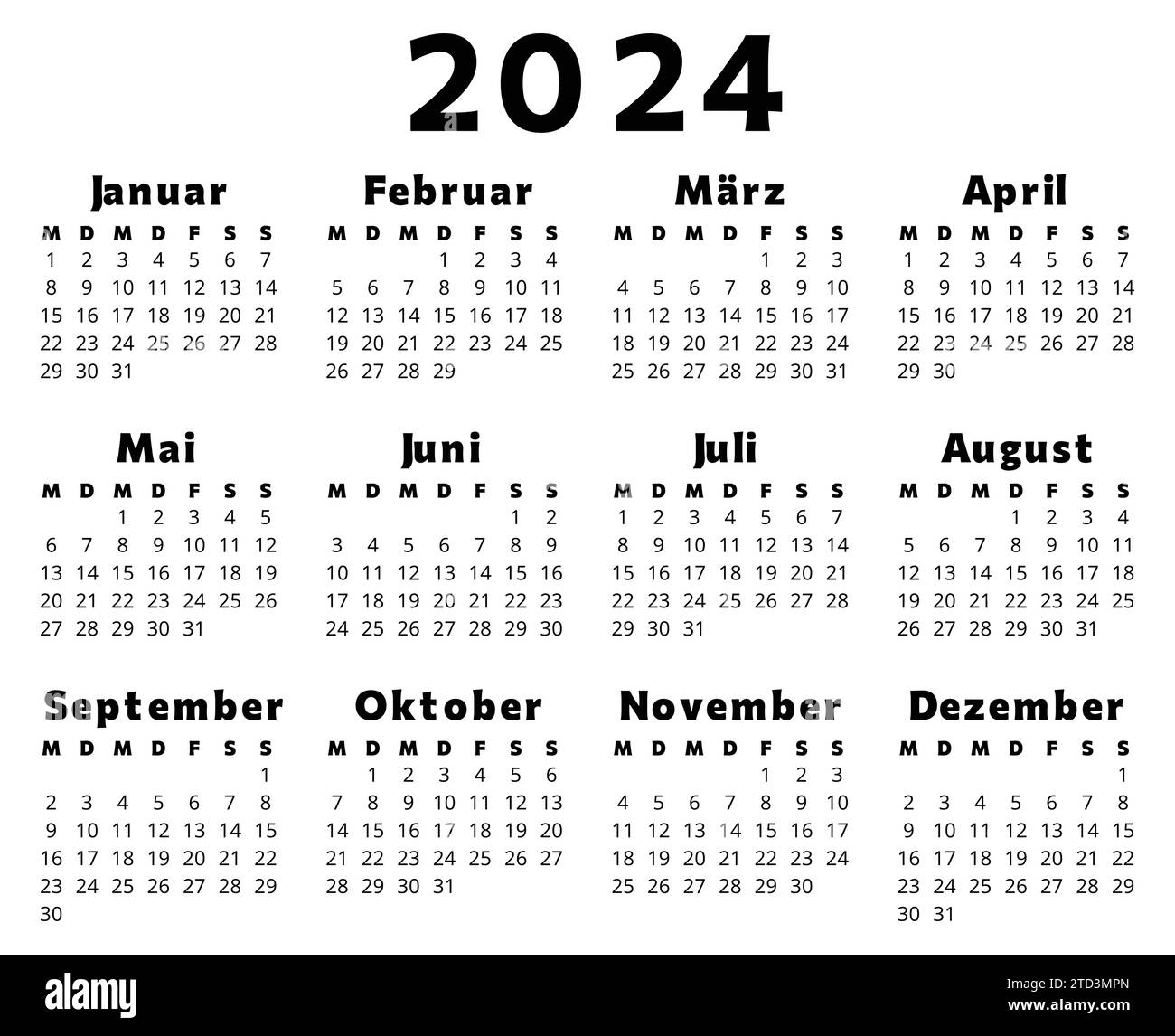 GERMAN calendar for 2024. Printable, editable vector illustration for