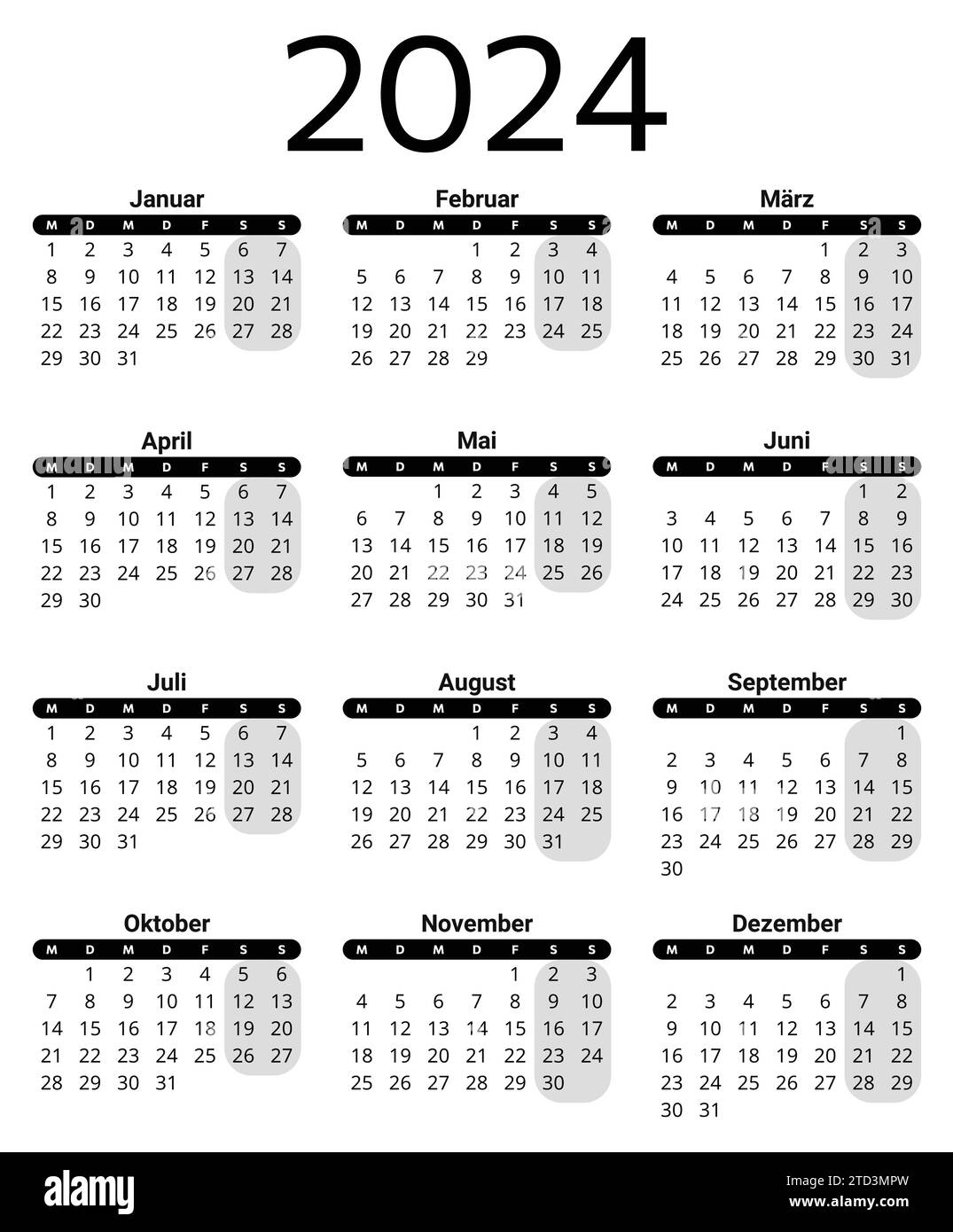 GERMAN calendar for 2024. Printable, editable vector illustration for