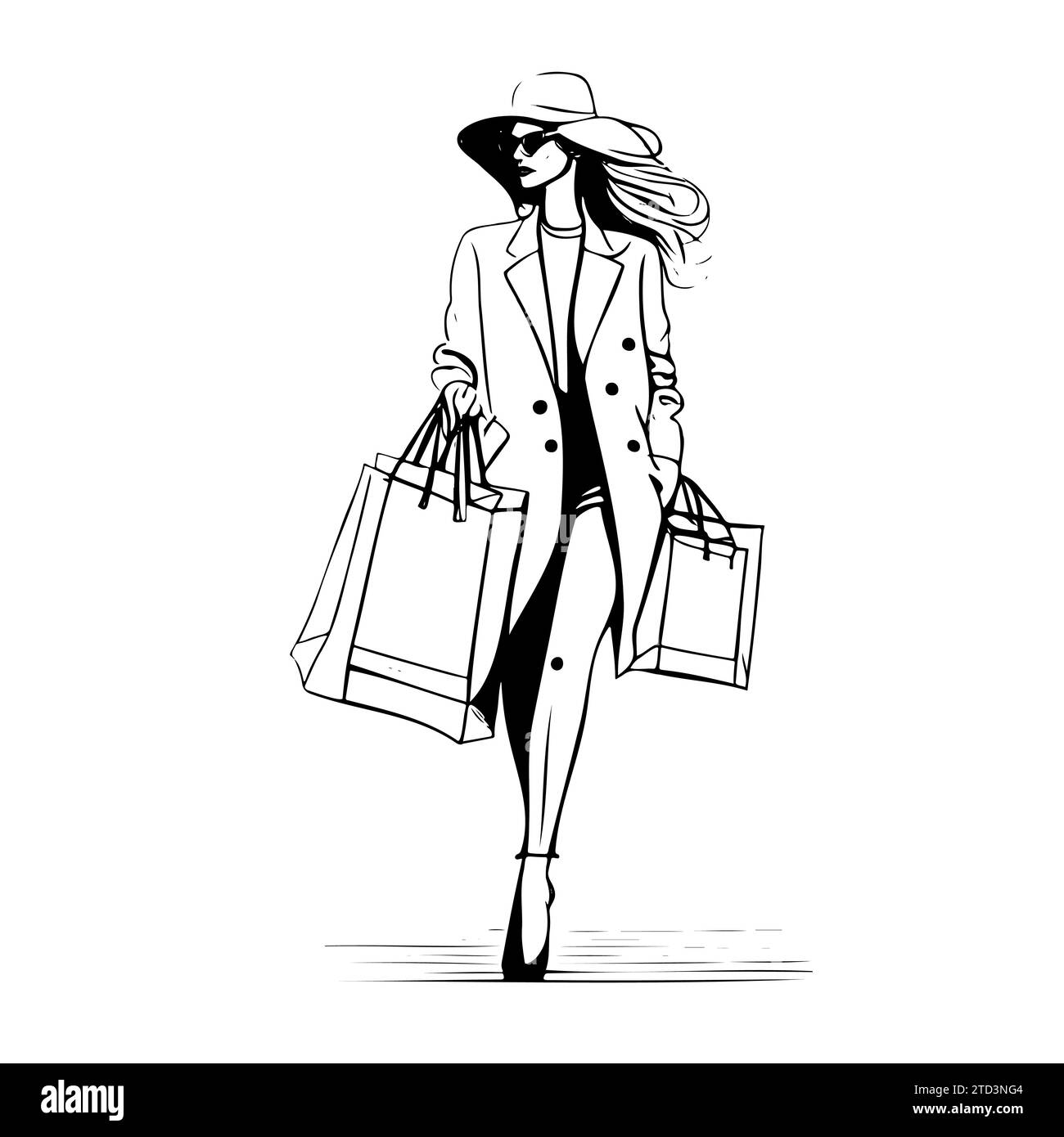 Hand drawn beautiful woman with shopping bags. Black and white sketch