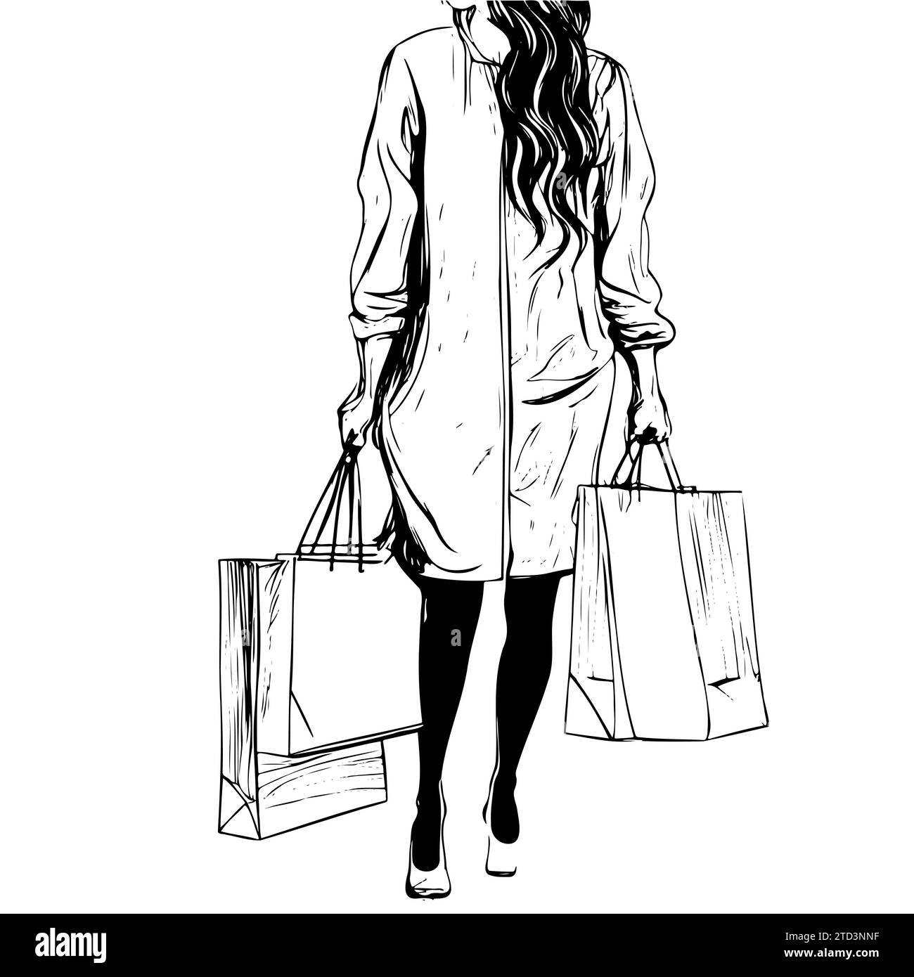 Sketch fashion girl. Stylish woman in fashion clothes with packages in her hands, shopping and sales concept. Hand drawn girl. Stock Vector