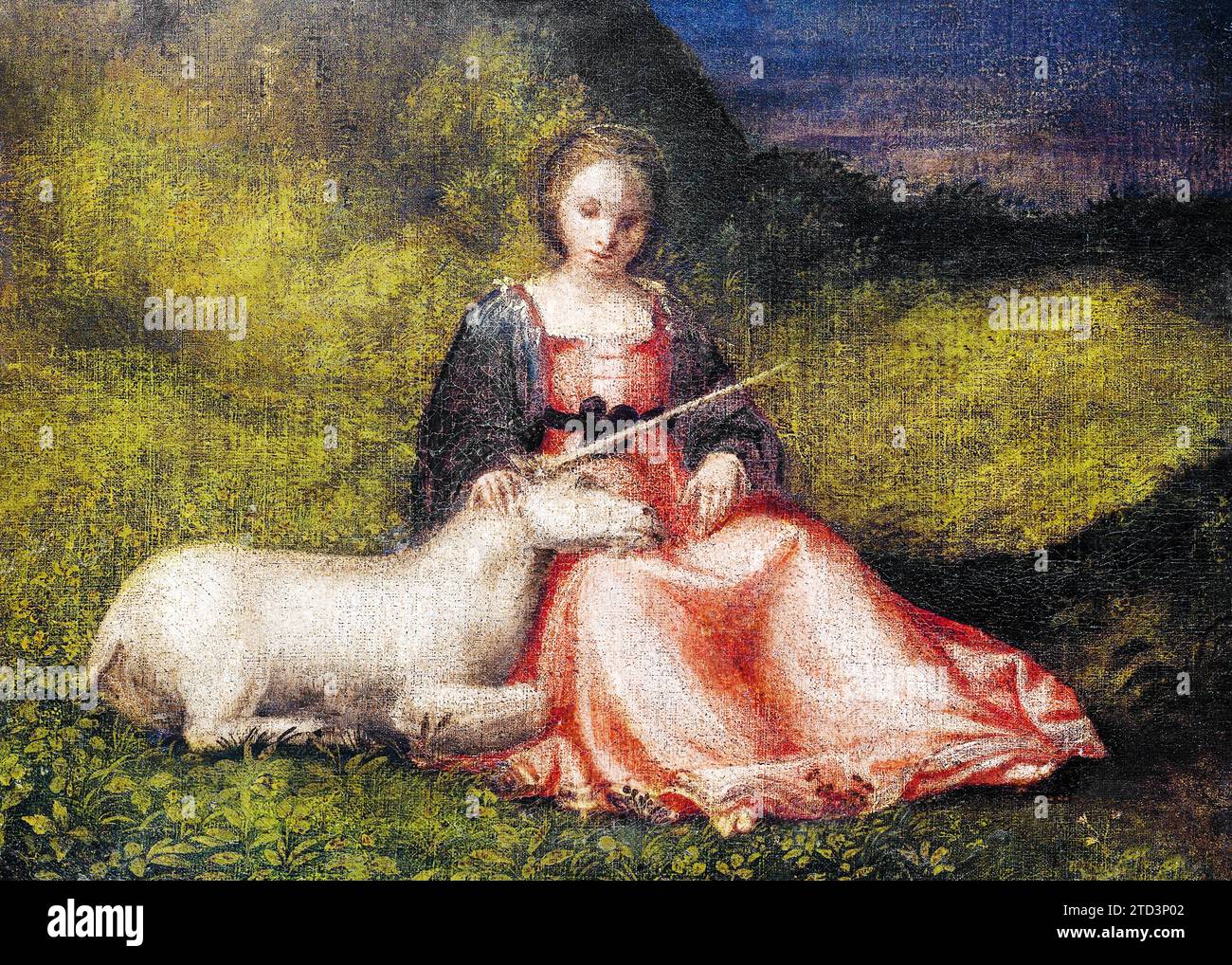 Giorgione's Woman with Unicorn  famous painting. Original from the Rijksmuseum. Stock Photo