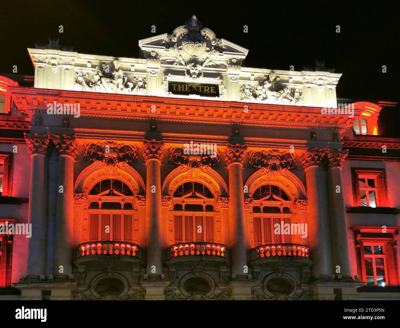 Facade of The Opera of Clermont Ferrand at night, Puy de Dome, Auvergne ...