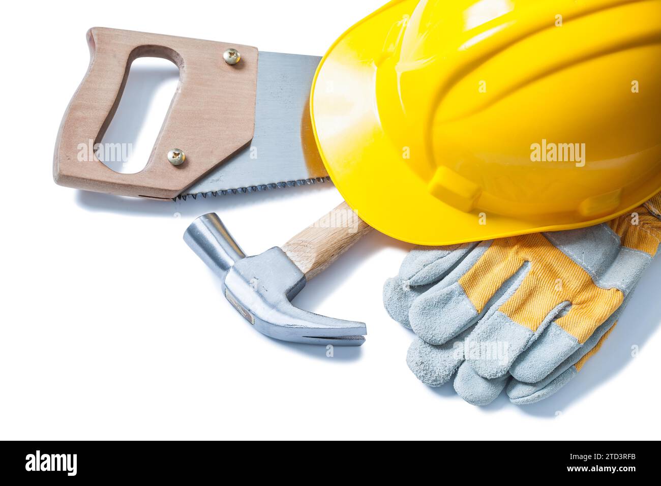 Helmet handsaw claw hammer gloves isolated on white Stock Photo