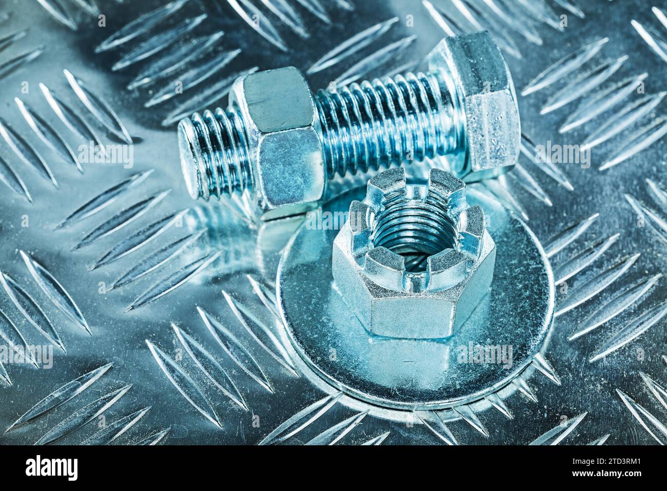 Bolt washer construction nuts on corrugated metal background Stock Photo Alamy