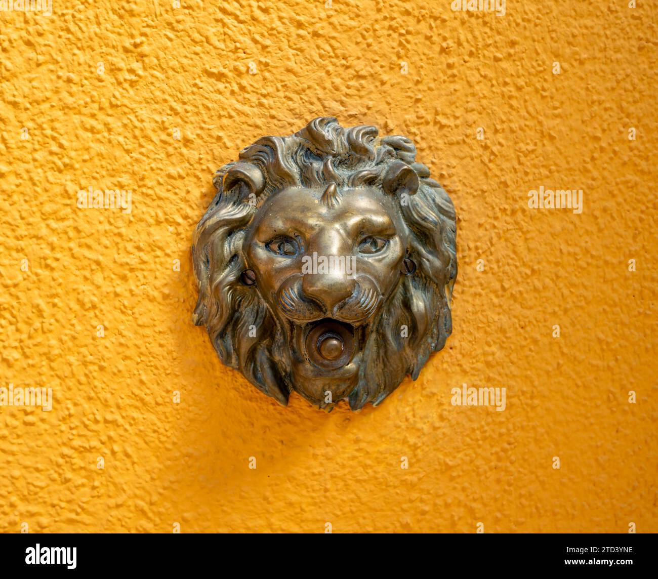 Doorbell knob in the shape of a lion on a yellow house wall, Burano Island, Venice, Veneto, Italy Stock Photo