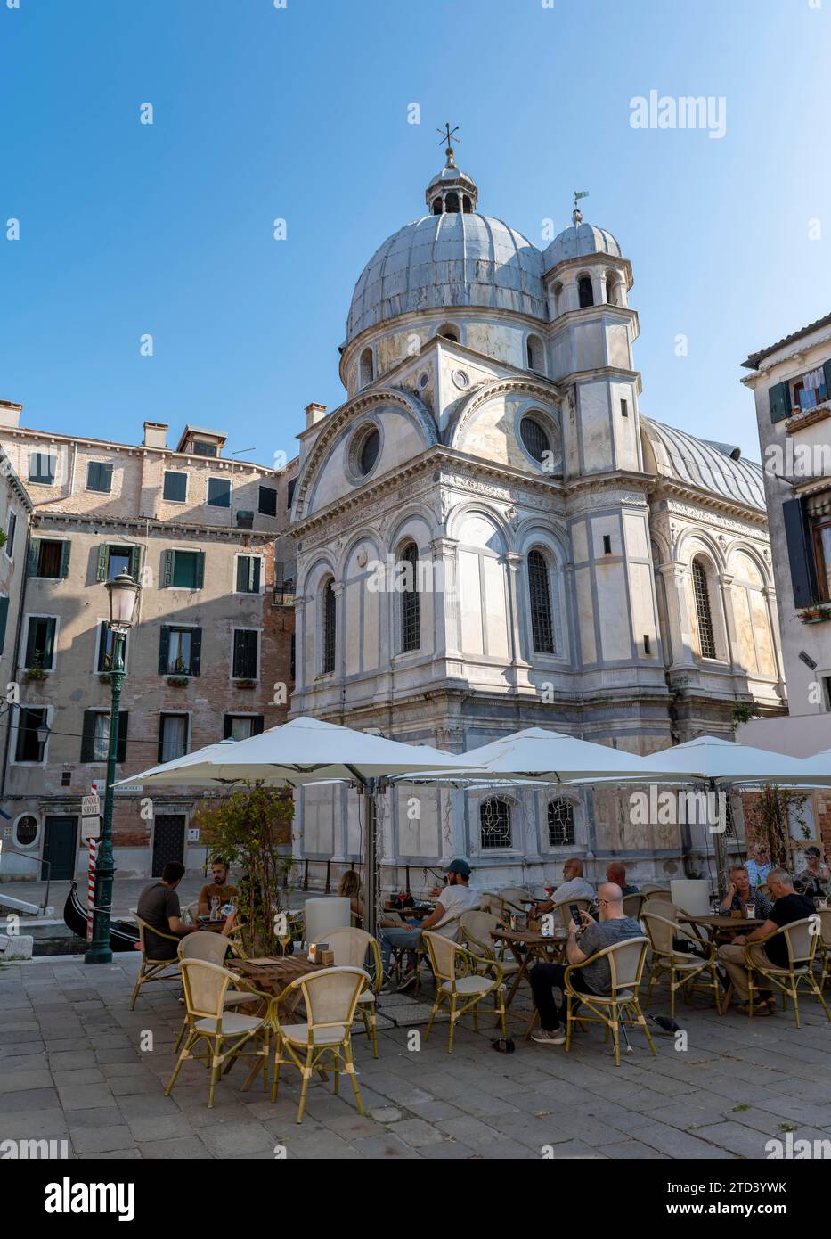 Restaurant and Church of Santa Maria dei Miracoli, Santa Maria dei Miracoli, Venice, Italy Stock Photo