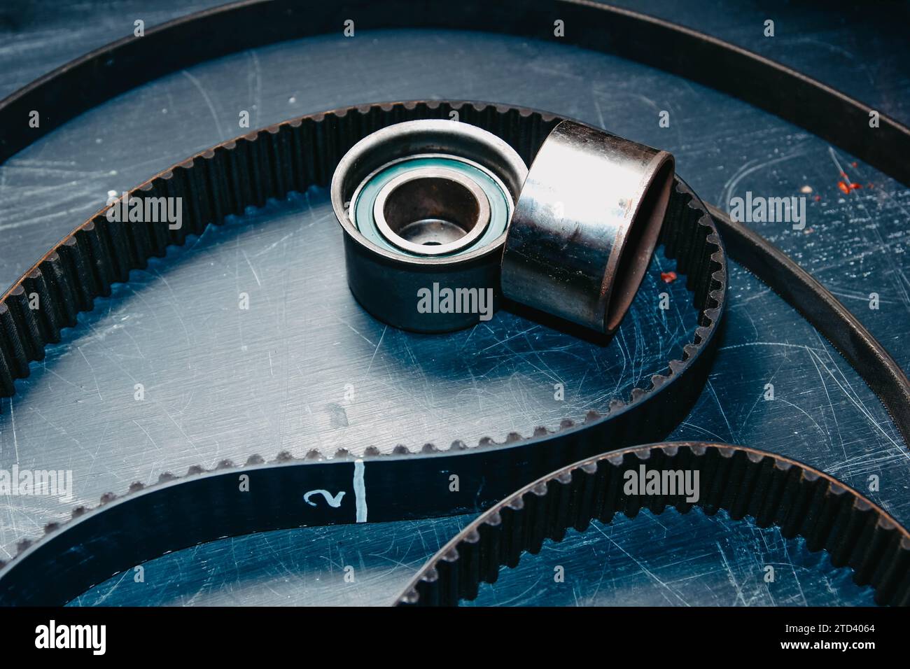 Car timing belt, car gas distribution system service and tension rollers Stock Photo Alamy