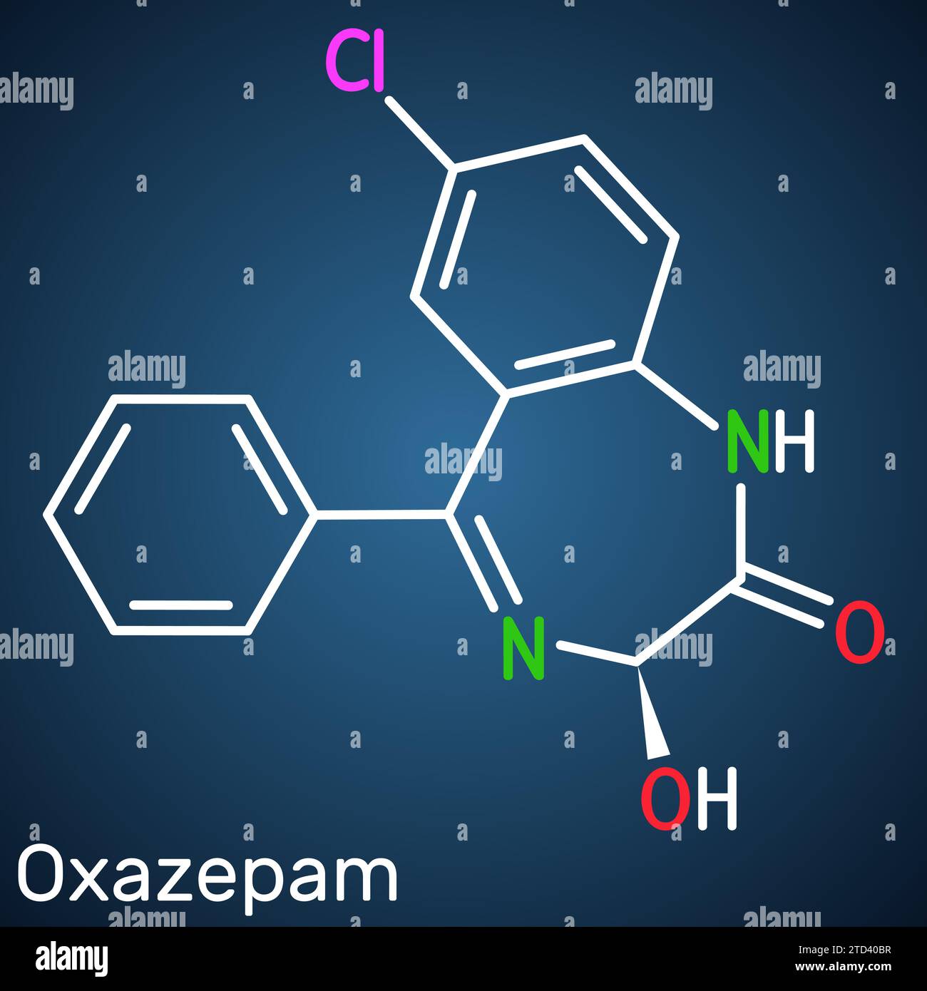 Oxazepam molecule. It is benzodiazepine. Structural chemical formula on ...