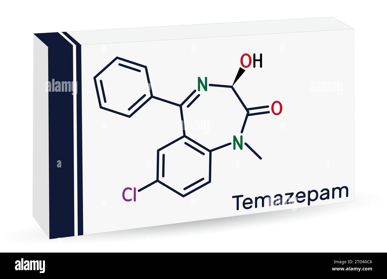Temazepam drug molecule. It is benzodiazepine, used to treat panic