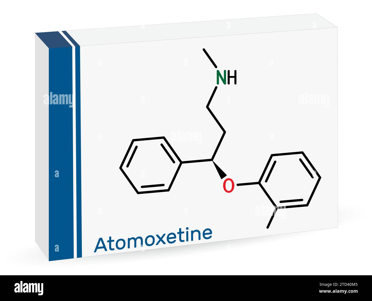 Atomoxetine molecule. Skeletal chemical formula. Paper packaging for drugs. Stock Vector