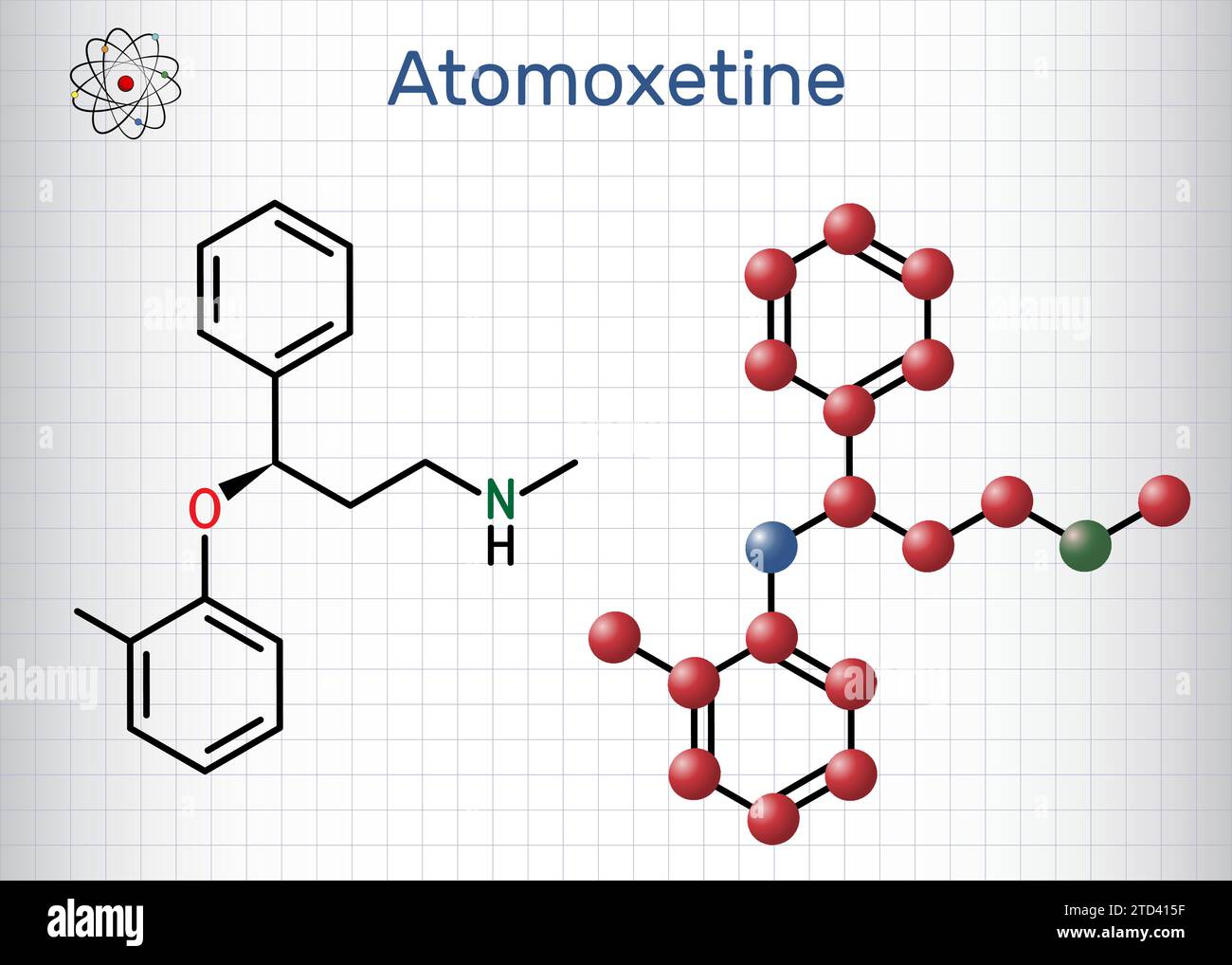 Atomoxetine molecule. Structural chemical formula, molecule model. Sheet of paper in a cage. Stock Vector