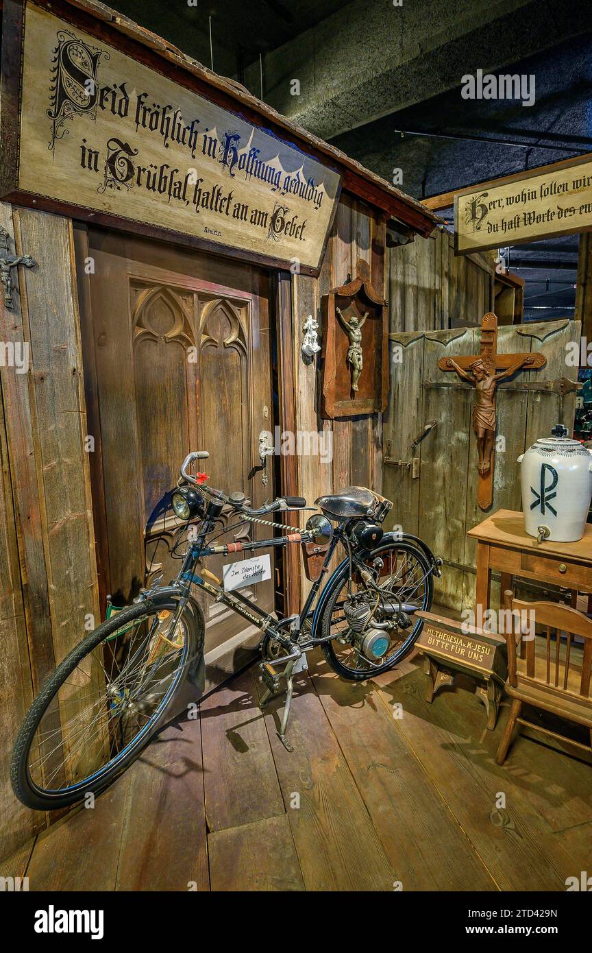 Pastor's bicycle with auxiliary motor, car and tractor Museum Lake Constance, Gebhardsweiler, municipality of Uhldingen-Muehlhofen in the Lake Stock Photo