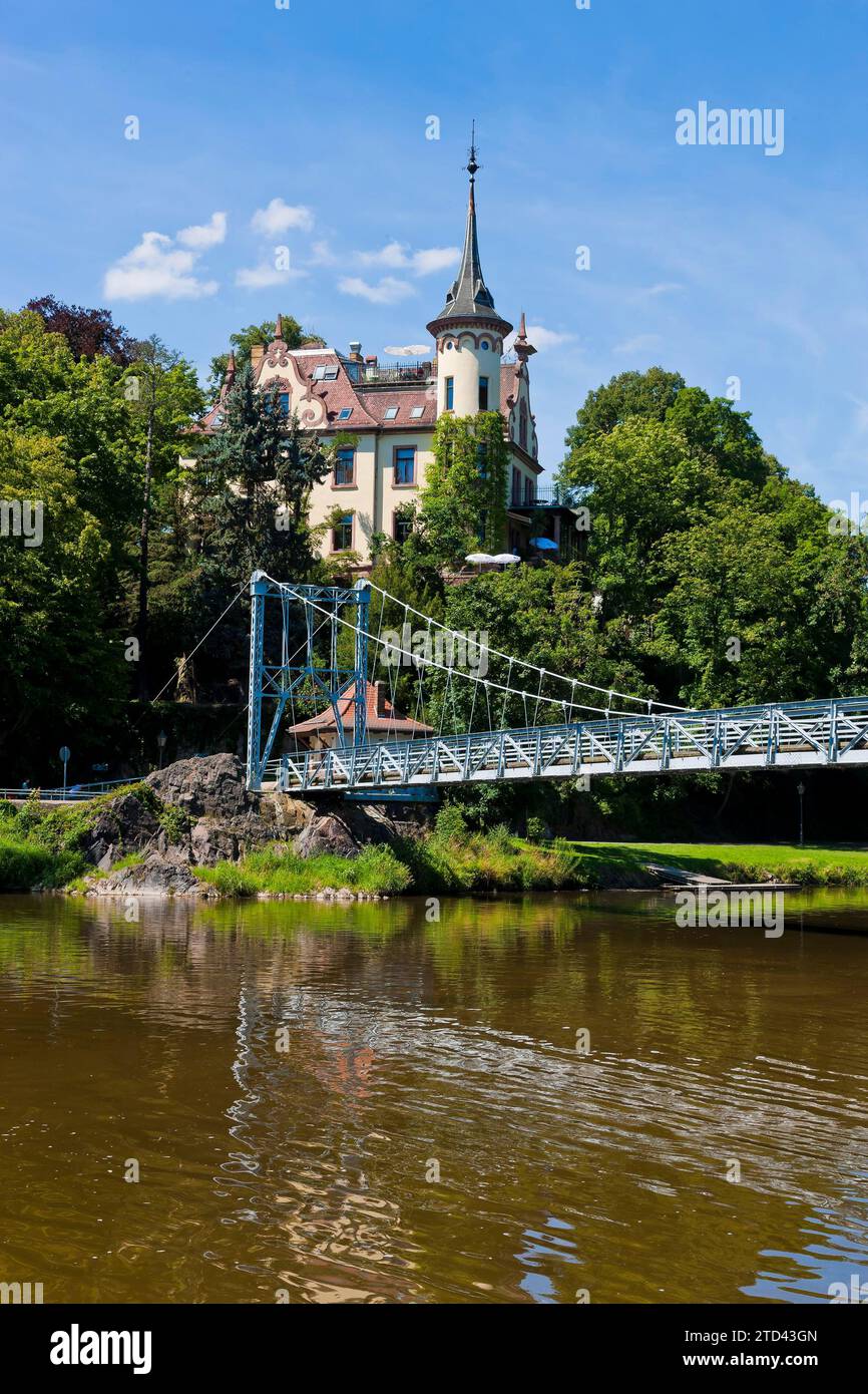 Grimma, Suspension Bridge and Gattersburg Castle Stock Photo