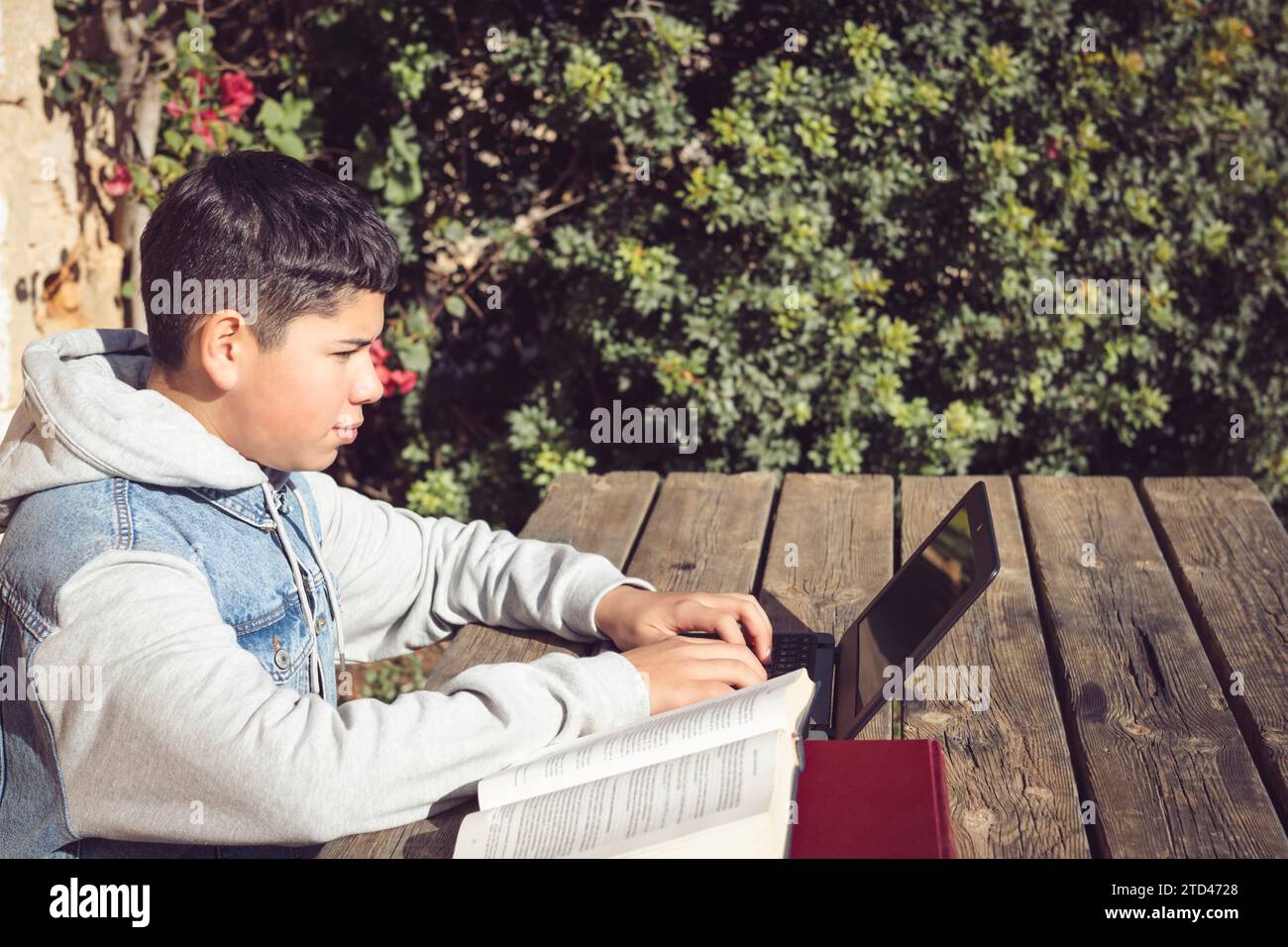 A focused individual works on a laptop at a wooden table outdoors, with sunlight and greenery around Stock Photo